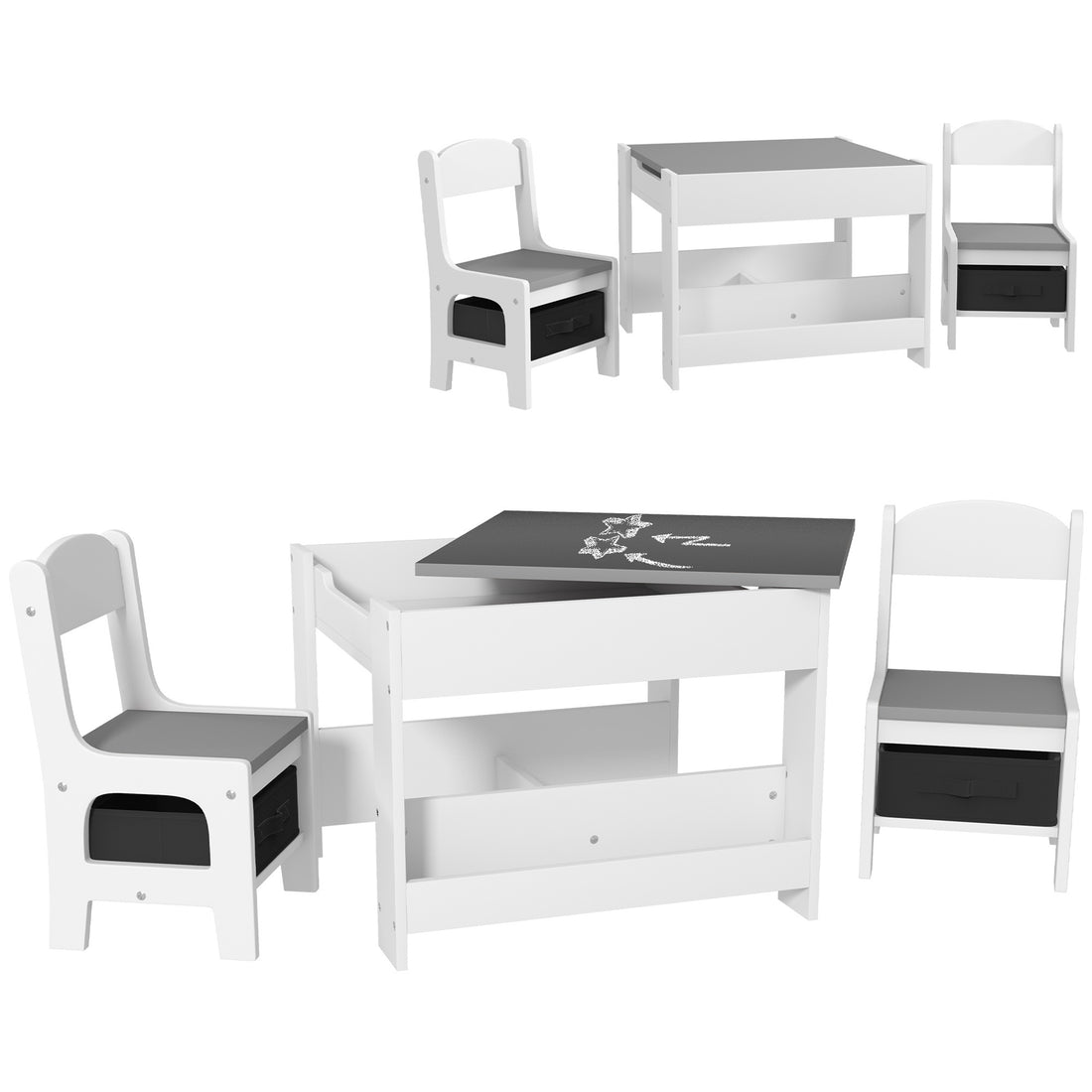 Qaba 3 Piece Kids Table And Chair Set, 2 In 1 Toddler Table And Chair Set With Reversible Tabletop Blackboard, Storage & Bookshelves For Playroom, Nursery, Gray Grey Mdf