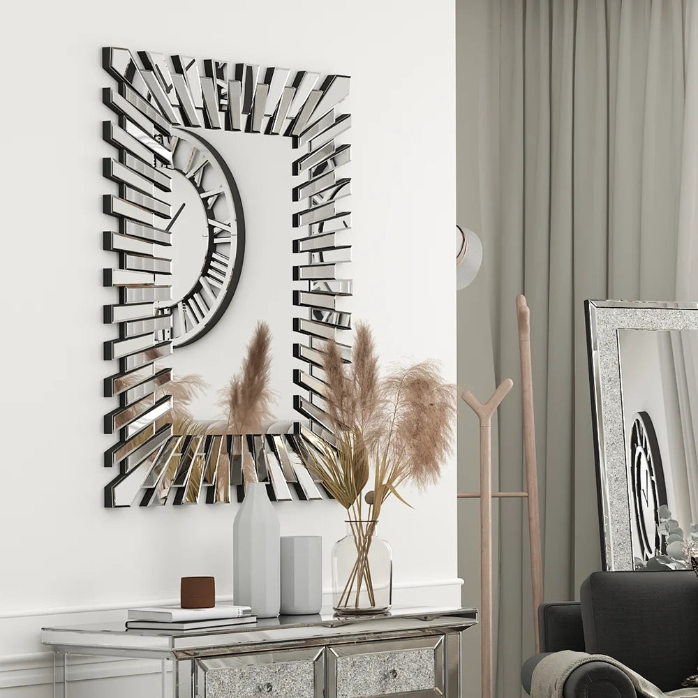Wall Mirror Decor Sunburst Rectangle Mirrrors Silver Modern Mirror For Home Decor Silver Art Deco,Modern Mdf Glass,Mirror