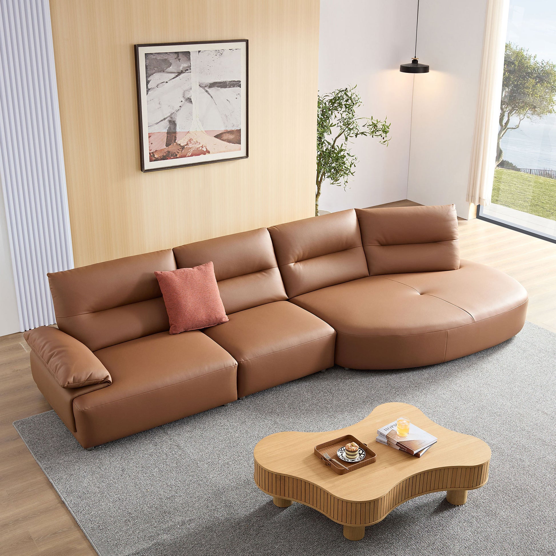 147.24'' Oversied Modern Sectional Curved Shaped Sofa Couch For Living Room,Upholstered 5 Seat Sofa Eco Leather Couch Set,Brown Brown Foam 5 Seat