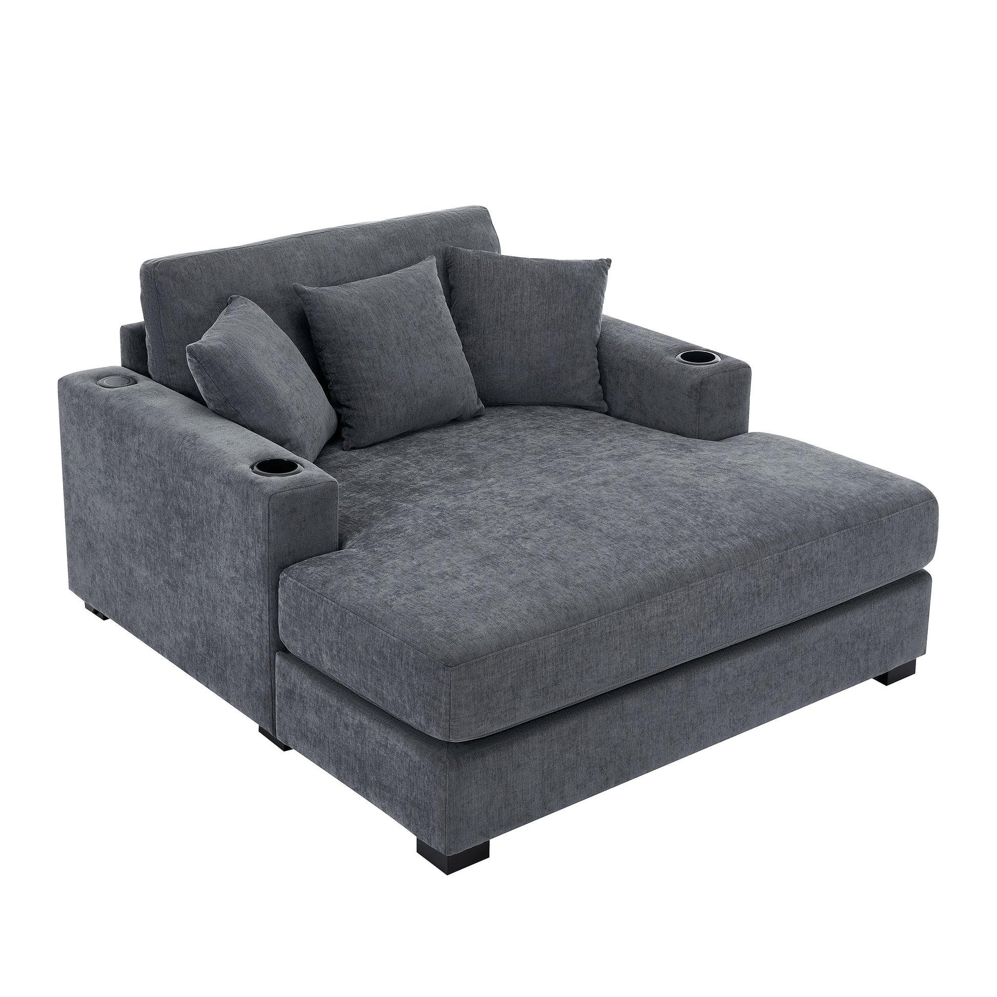 55" Oversized Chaise Lounger Modern Style Sofa Couch ,With Pillows, Charge Station & Cup Holders, Chenille Fabric, Blue Gray Blue Gray Chenille