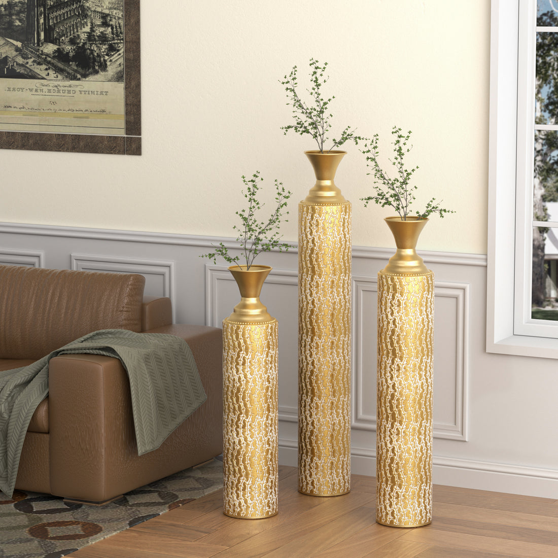 Metal Decorative Vases High Distress Metal Center Vases With Growing Vine Patterns, Set Of 3 Vases For Home Decoration 34 ", 29 ", 25 "H, Gold Antique Gold American Design,American Traditional,Antique,Art Deco Metal