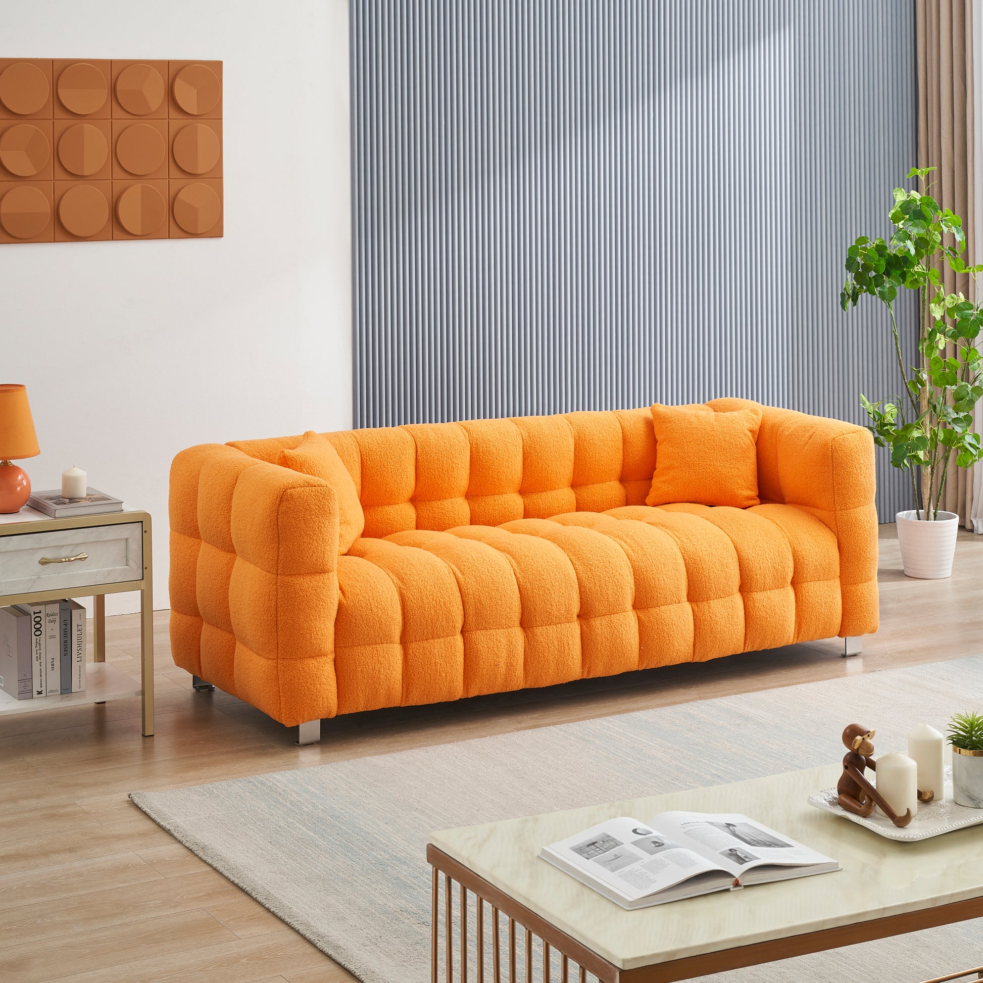 Orange Teddy Fleece Sofa 80 "Discharge In Living Room Bedroom With Two Throw Pillows Hardware Foot Support Orange Polyester Blend 3 Seat