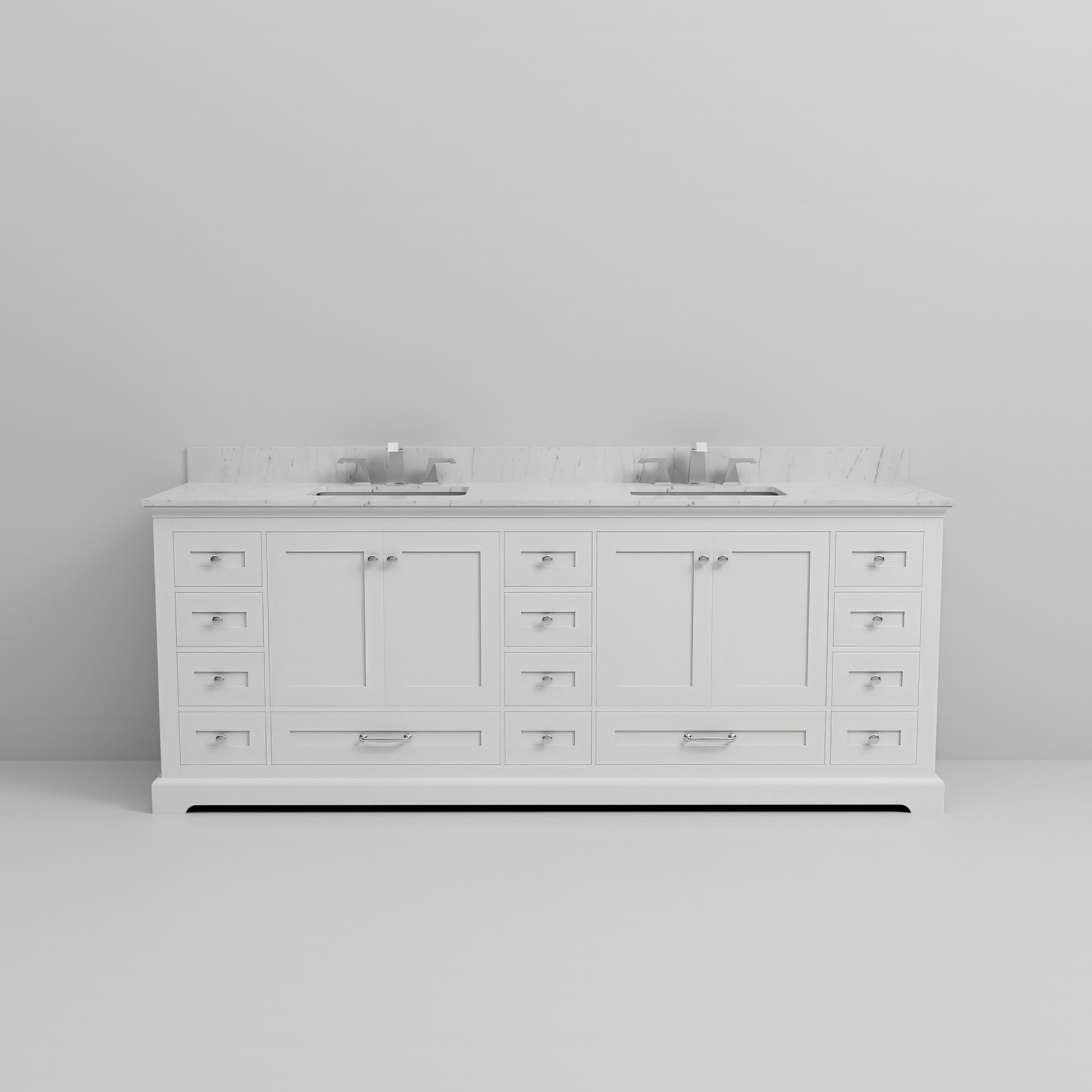 White Double Bath Vanity 84 In. W X 22 In. D, Carrara Marble Top, And Faucet Set White Plywood Wood