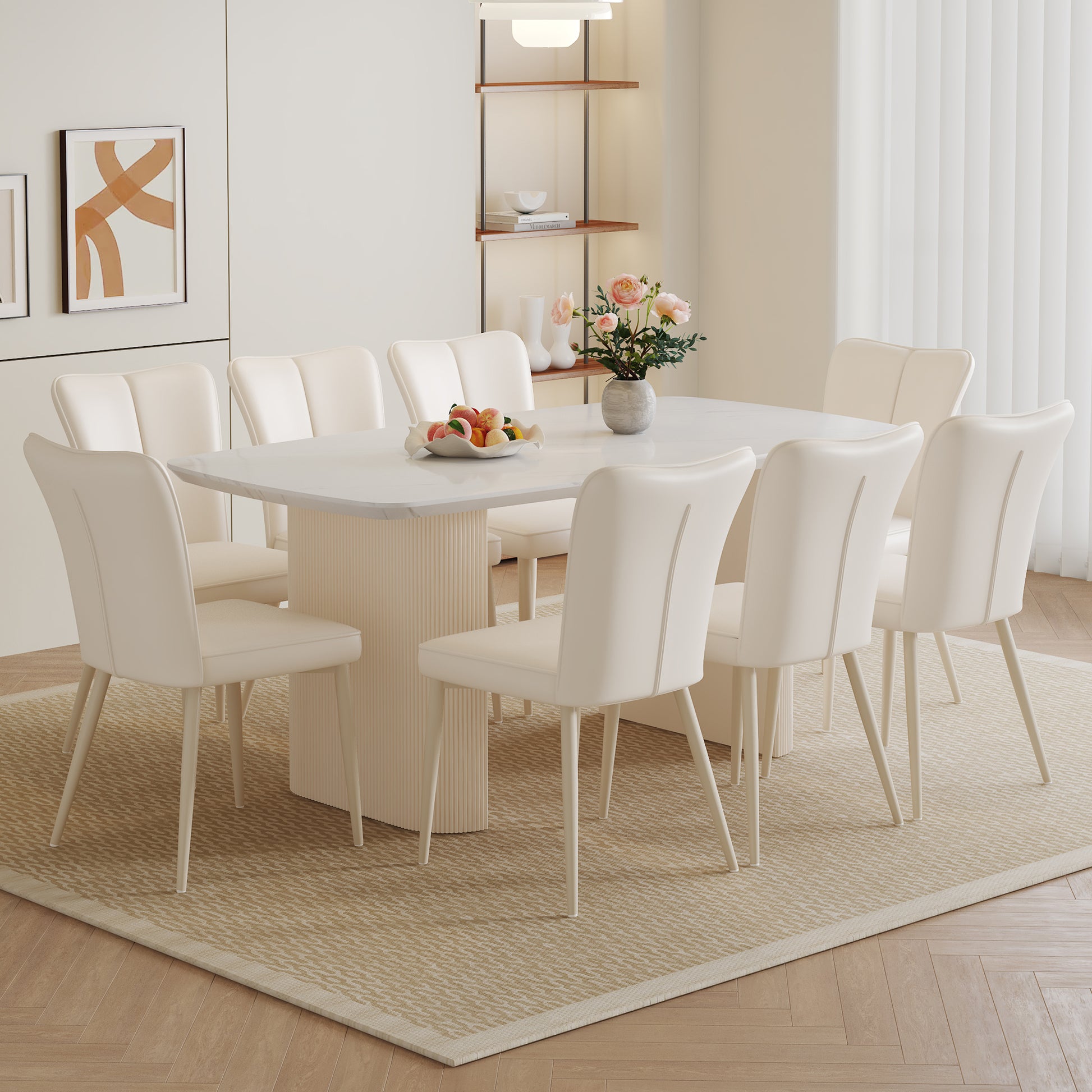 Table And Chair Set.67*35.4 Cream Style Mdf White Dining Table Set With 8 Cream Style Dining Chairs With A Vertical Line Design On Backrest.Adding A Warm And Gentle Atmosphere To Your Family. White