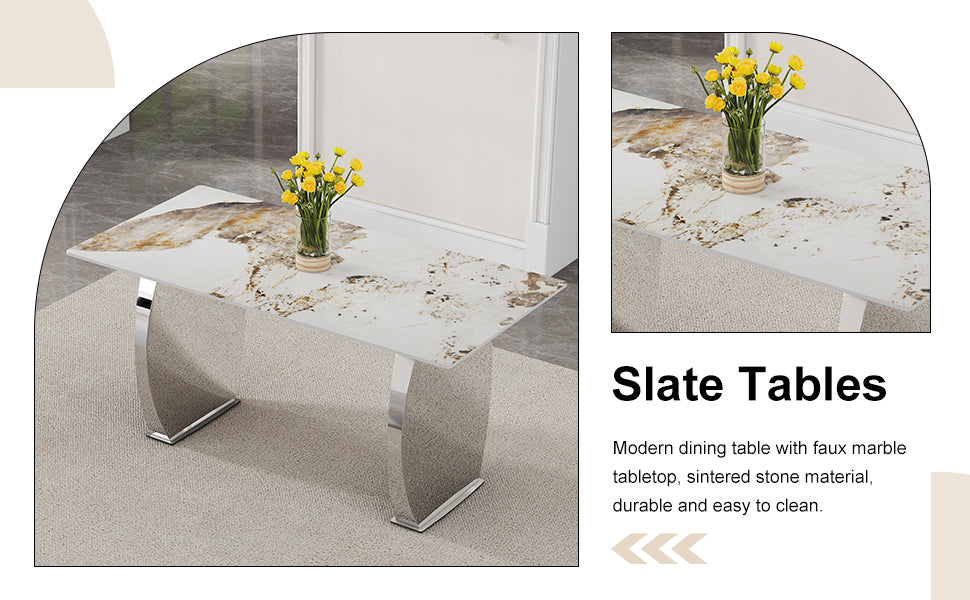 Modern Rectangular Dining Table, Imitation Marbled Rock Plate Table Top, Stainless Steel Table Legs, Suitable For Kitchen, Dining Room, Living Room 63 Inches * 31.4 Inches. Silver Sintered Stone