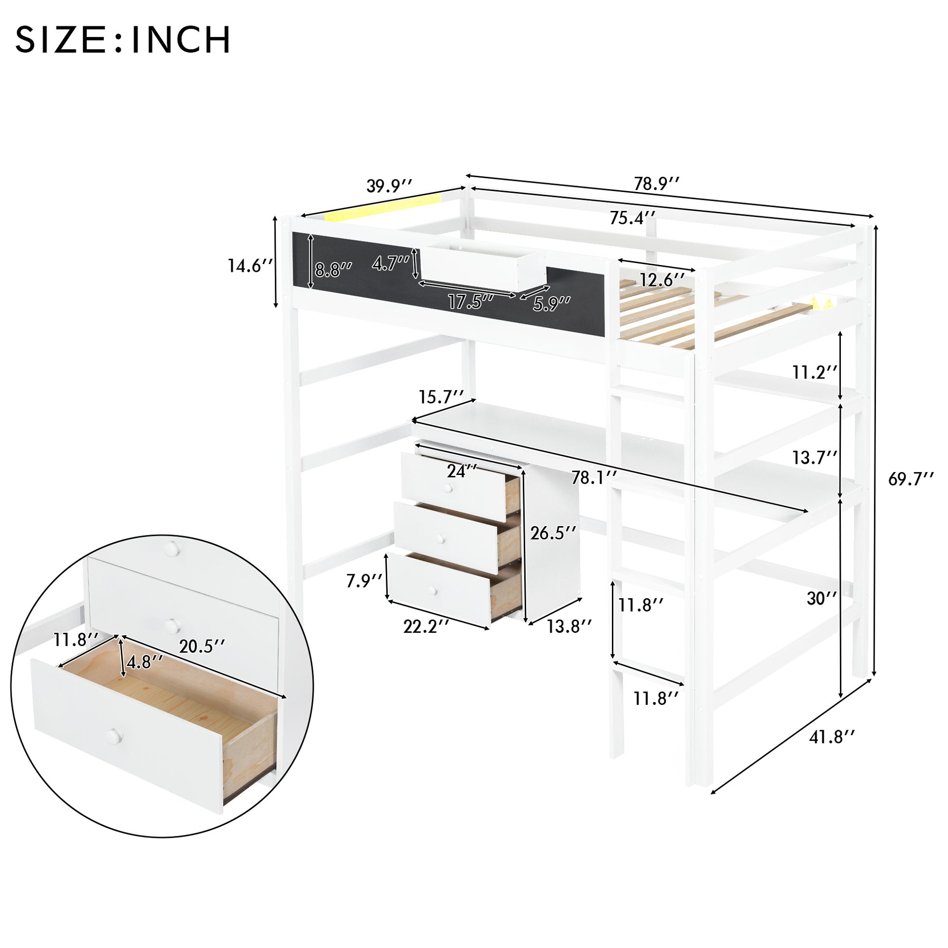 Wood Twin Size Loft Bed With Desk, Blackboard, Storage Box, Shelf And 3 Drawers, White Box Spring Not Required Twin White Wood Solid Wood Mdf