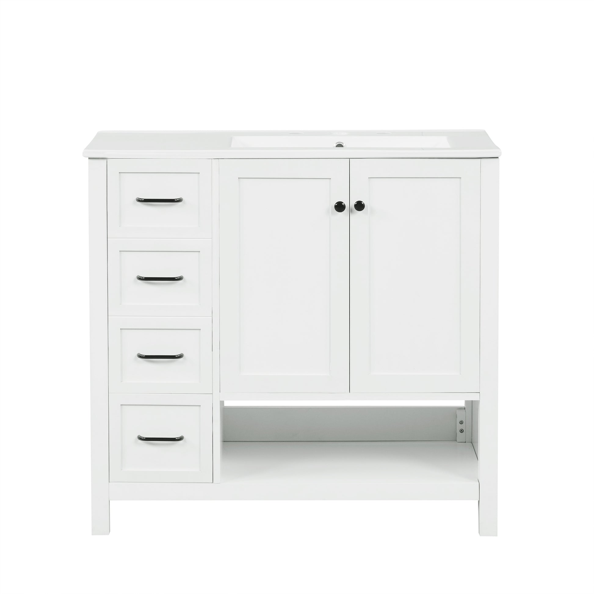 36" Bathroom Vanity With Sink Top, Bathroom Vanity Cabinet With Two Doors And Two Drawers, Solid Wood, Open Shelf, Mdf Boards, One Package, White White Solid Wood Mdf