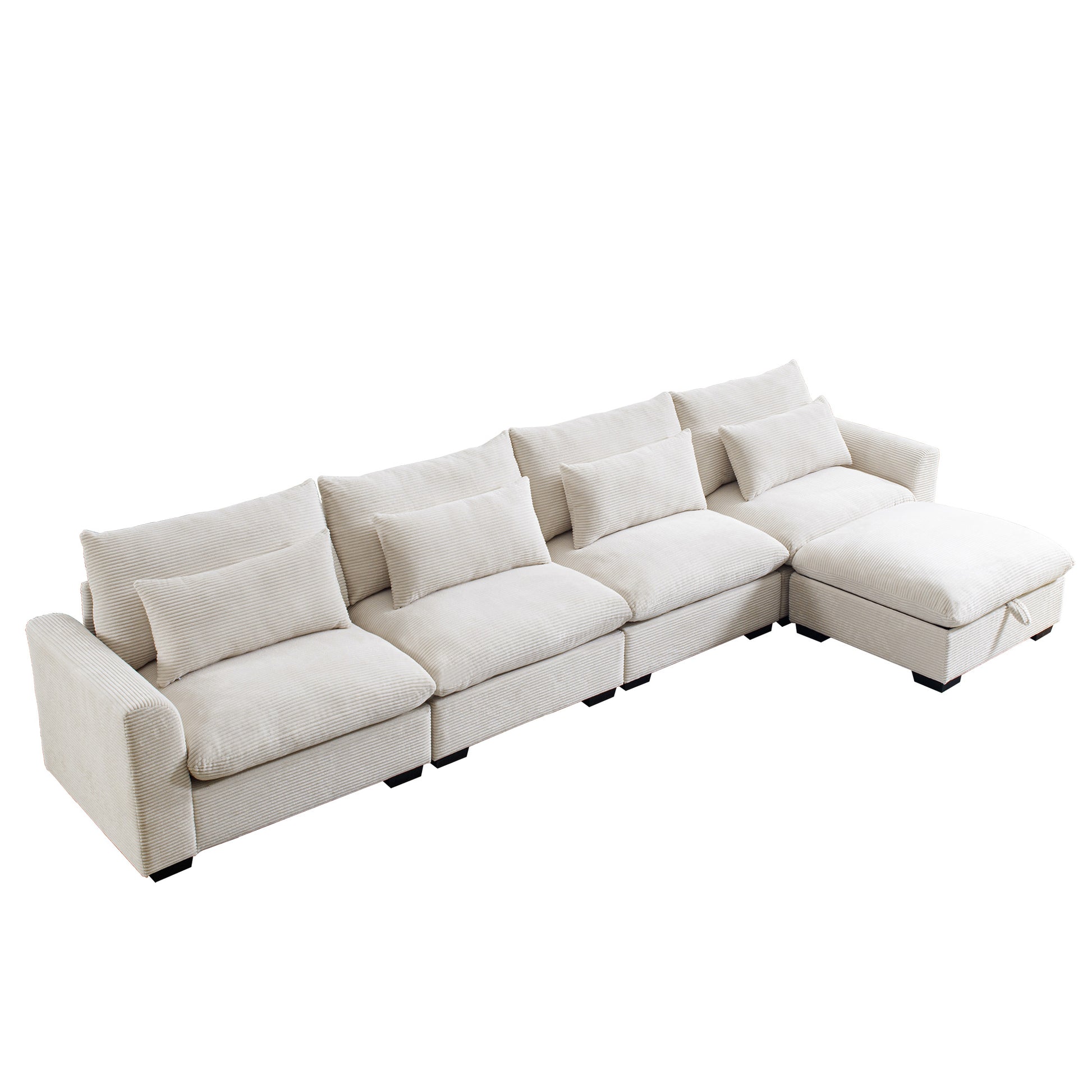 Large L Shape Sectional Corduroy Sofa,Deep Seat Couch With Storage Footstool And 4 Waist Pillows,Beige Beige Corduroy 4 Seat