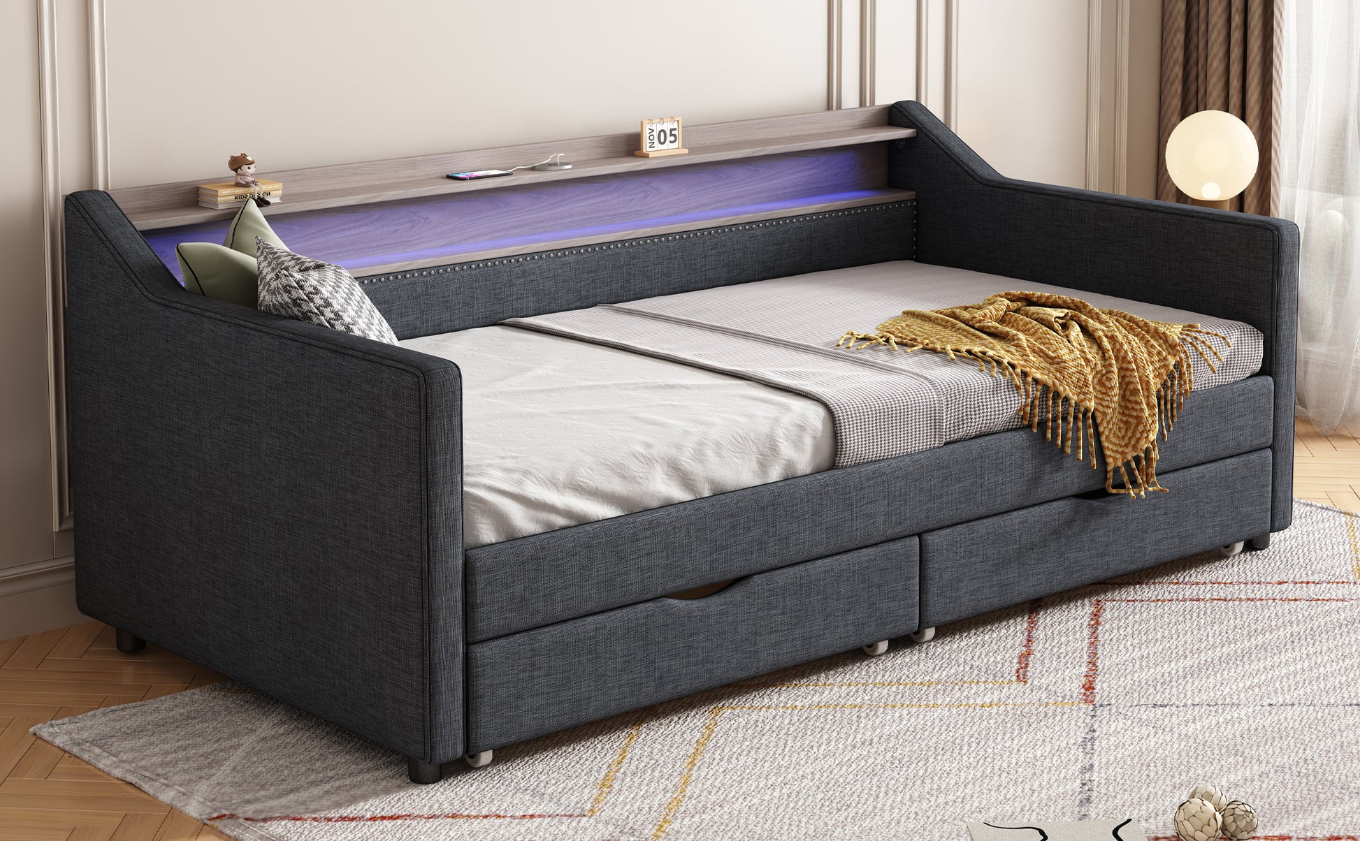 Twin Size Daybed With 2 Storage Drawers And 2 Tier Shelf & Usb Type C Port, Modern Linen Upholstered Sofa Day Bed Frame With Smart Led Light For Livingroom, Apartment, Dark Grey Box Spring Not