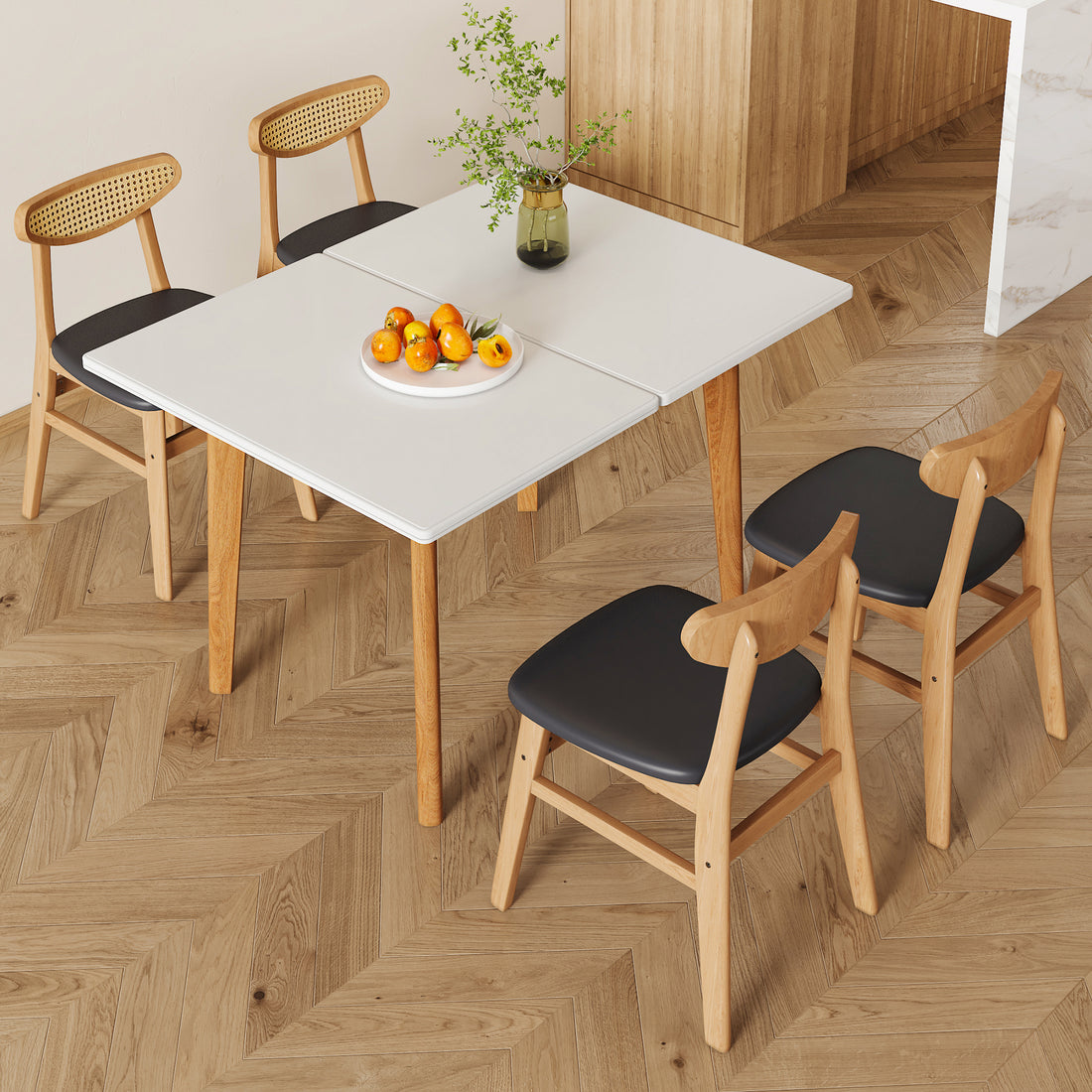 Table And Chair Set. White Sintered Stone Tabletop, Rubberwood Legs, Foldable Computer Desk, Foldable Desk. Solid Wood Dining Chair With Small Curved Backrest And Pu Cushions. Zd 1545 Dx 2361 Wood Seats 4 Wood