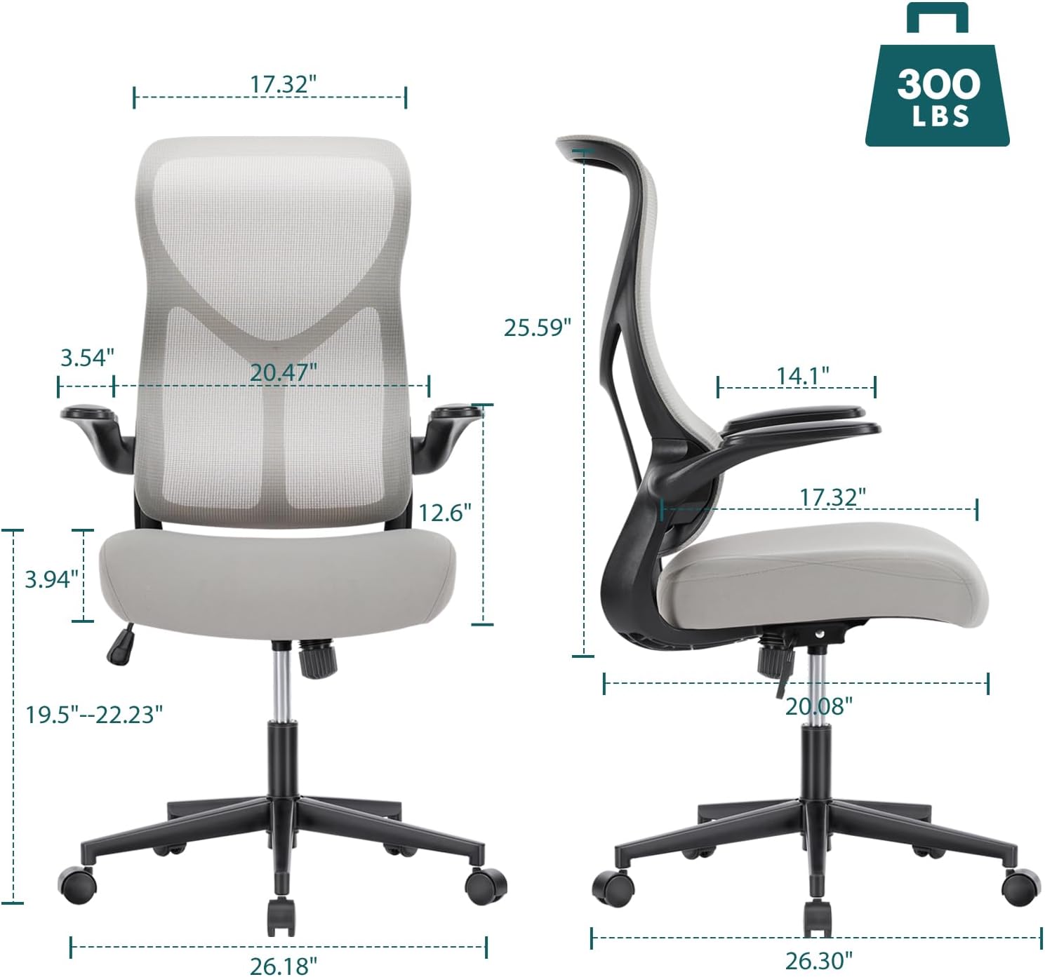 Ergonomic Computer Mesh Chair With Flip Up Armrests,Lumbar Support, Backrest For Home Office, Grey Grey Metal
