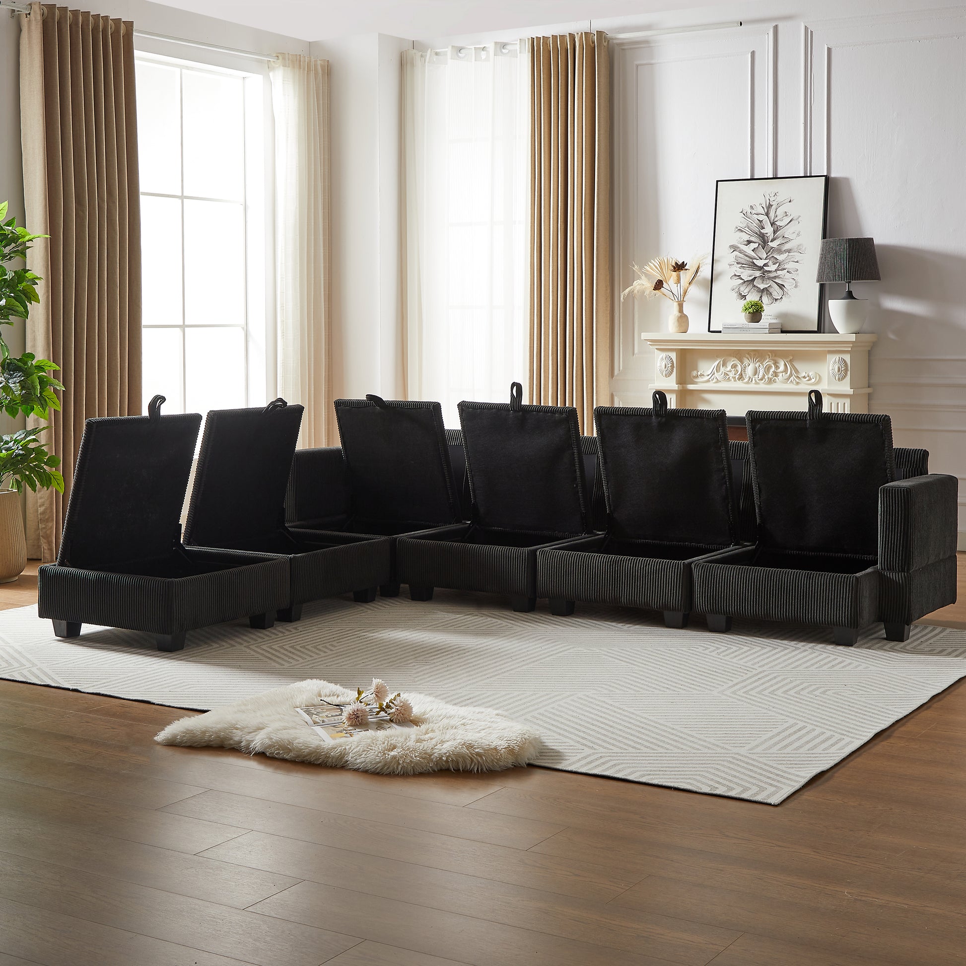 113.5'' Modular Sectiona Corduroy Sofa, Sectional Couches For Living Room U Shaped Sectional Couch With Storage Ottoman, 6 Seats Convertible Sectionals With Chaise Black Corduroy 6 Seat