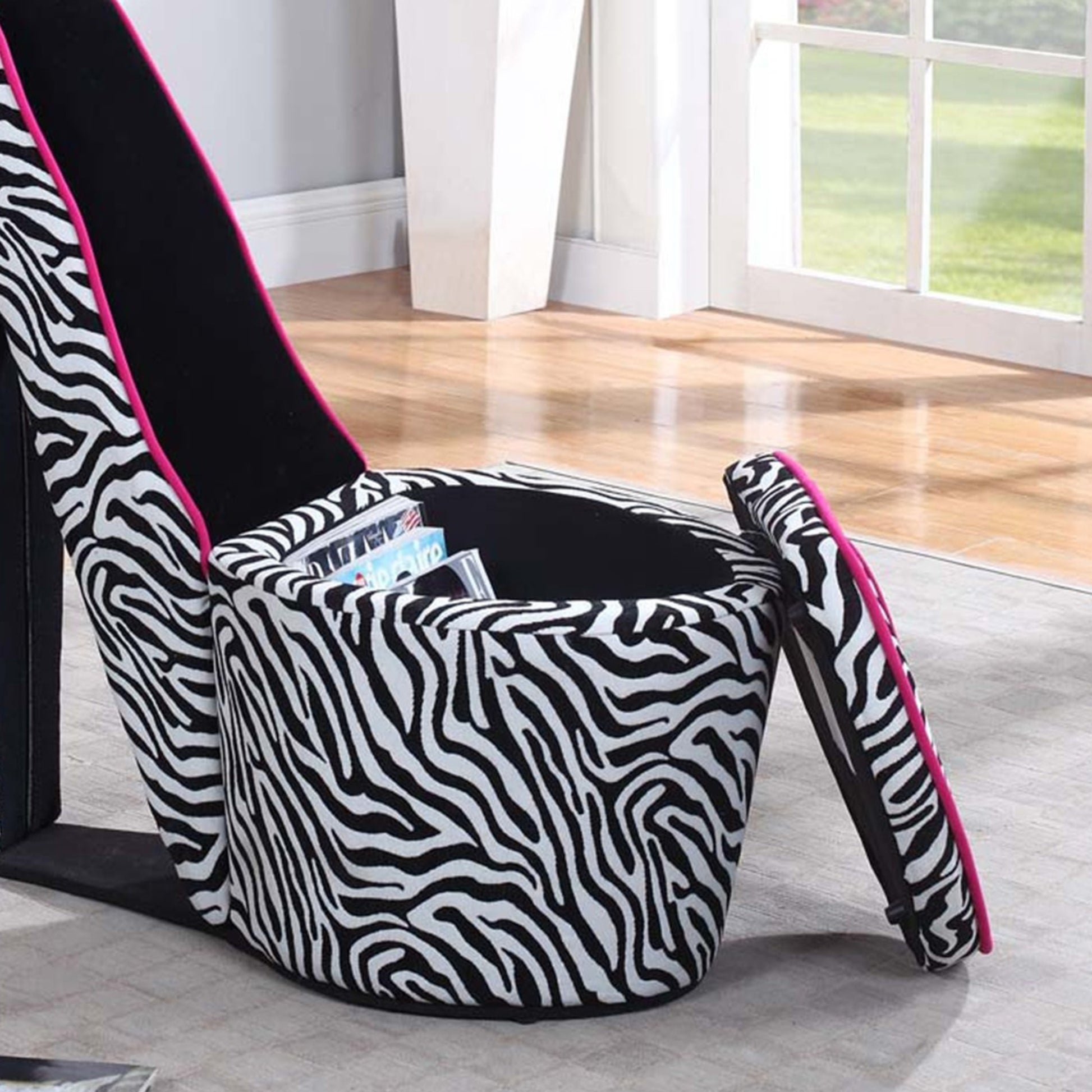 32.86" In Zebra Print W Pink Trim Black Sole High Heel Storage Chair Black Red Wood Fabric