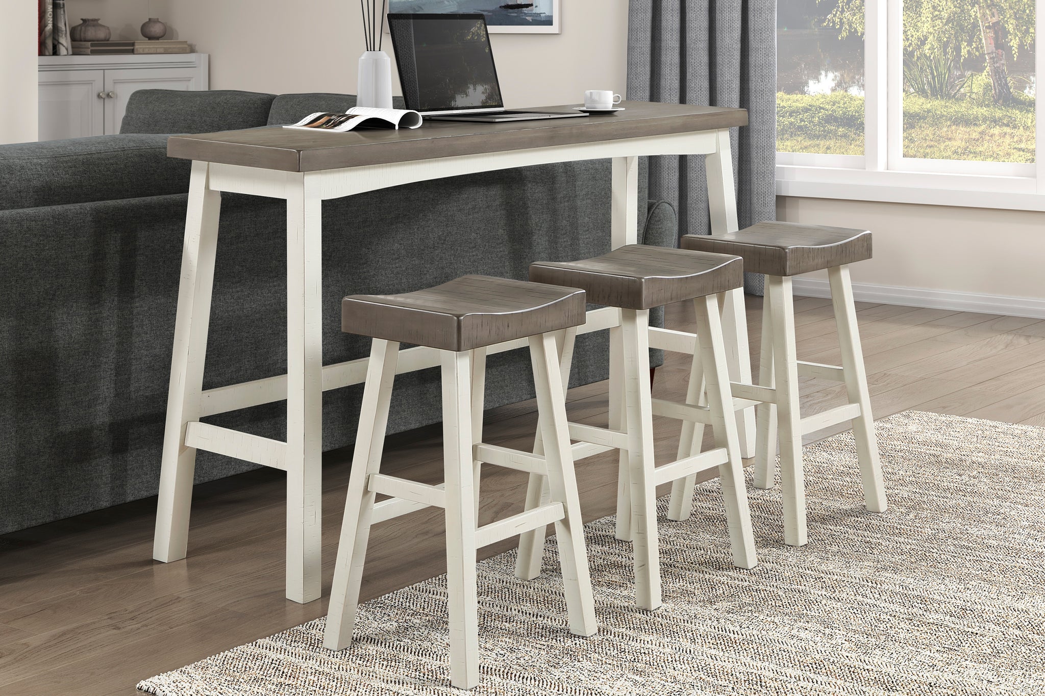 Transitional 4 Piece Pub Height Set, Table And Bar Stools White And Coffee Finish Solid Rubberwood Furniture Wood Coffee,White Wood Dining Room 72 Inches Transitional 4 Leg Rectangular Solid Wood