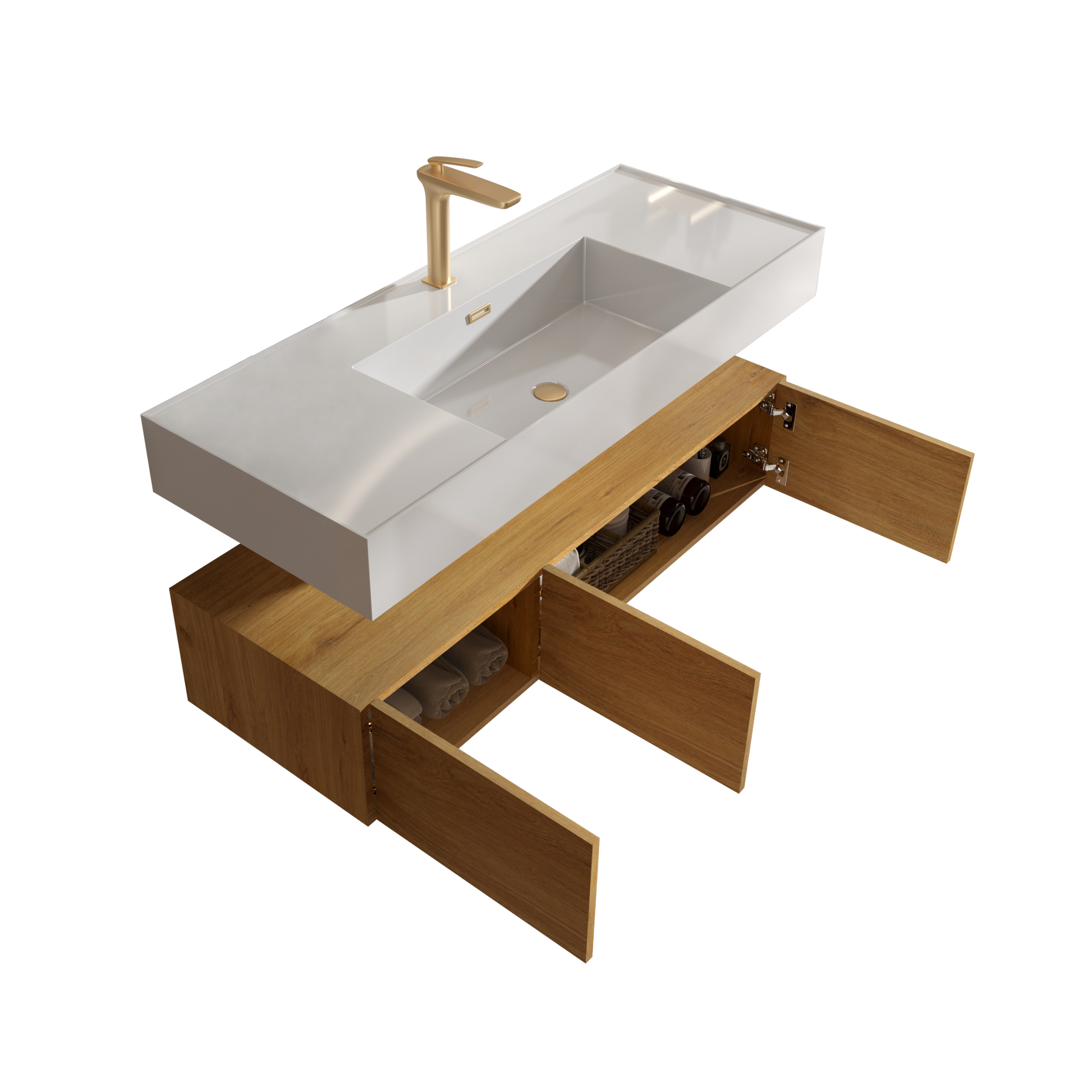 U065 Flora48W 106 Floating Bathroom Sink With Storage Cabinet, Natural Oak Wall Mounted Basin With Cabinet With 3 Soft Close Doors Oak Bathroom Modern Engineered Wood