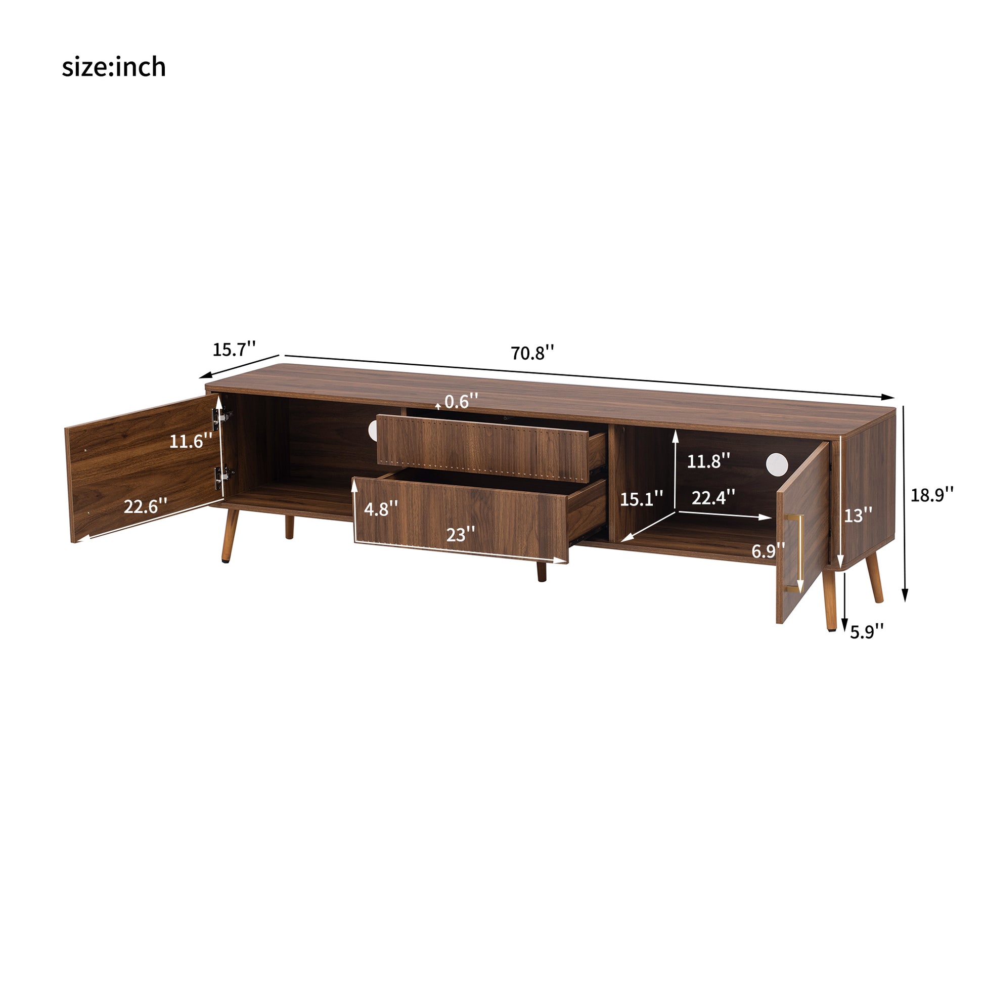 Mid Century Tv Stand With 2 Drawers, Media Console Table For Tvs Up To 80'', Entertainment Center With Storage For Living Room, Bedroom, Home Theatre Walnut Primary Living Space 70 79 Inches 70 79