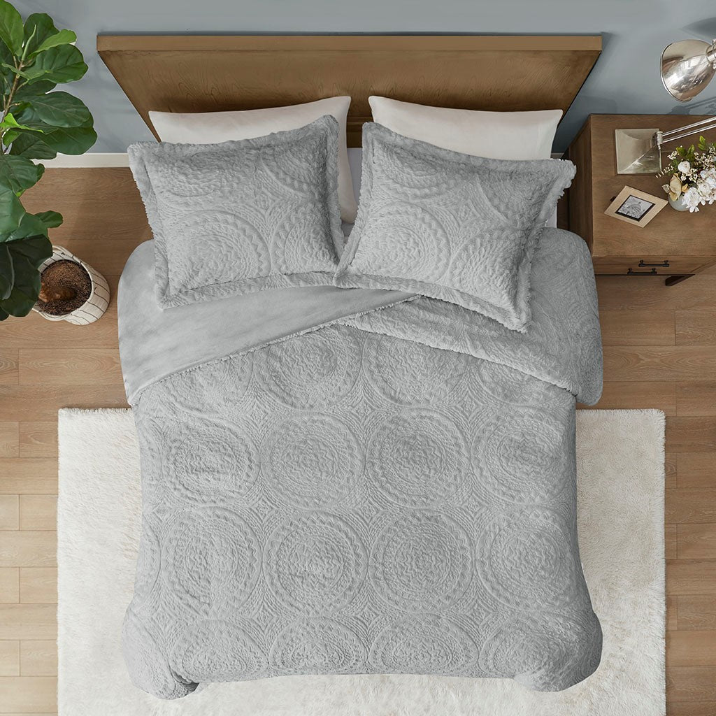 Embroidered Medallion Faux Fur Ultra Plush Comforter Mini Set Queen Grey Polyester