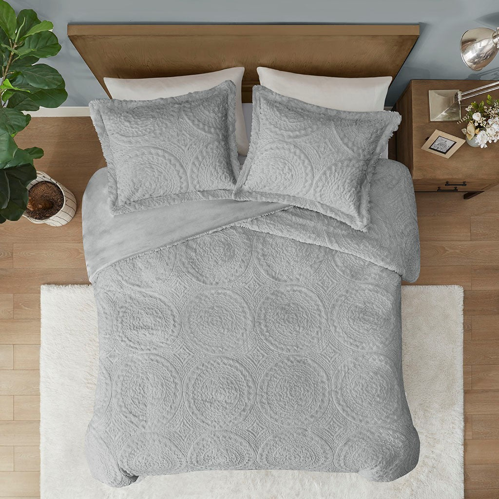 Embroidered Medallion Faux Fur Ultra Plush Comforter Mini Set Twin Grey Polyester