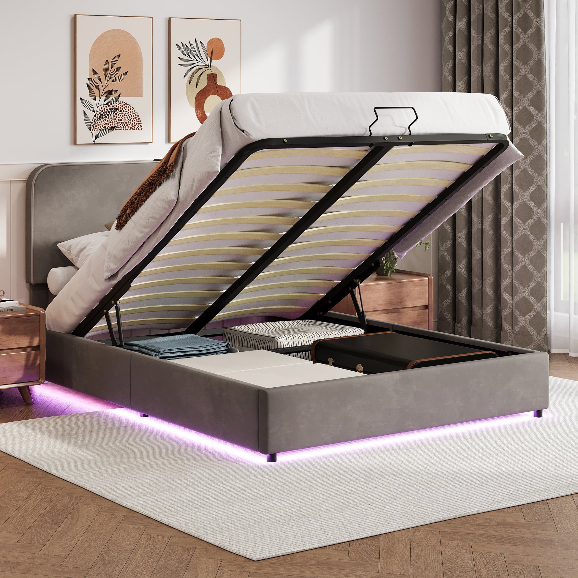 Upholstered Platform Full Size Hydraulic Storage Bed, Lift Up Storage Bed With Rgb Led Light, Bluetooth Speaker, No Box Spring Needed, Lychee Velvet, Gray Full Gray Velvet Fabric Metal