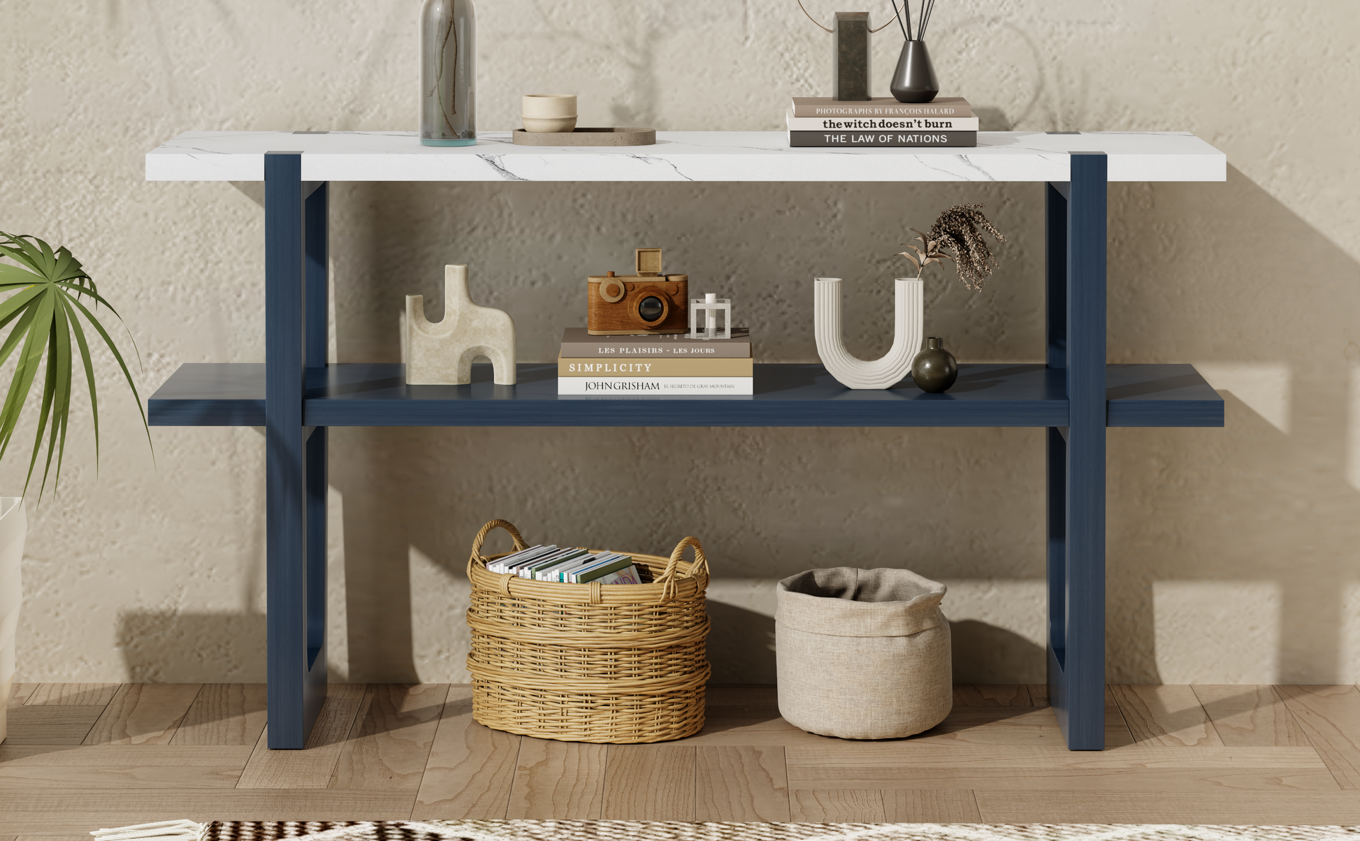 Retro Elegant Console Table With Marble Effect Top And Versatile Storage Solutions For Entryway And Living Room Navy Navy Solid Wood Mdf