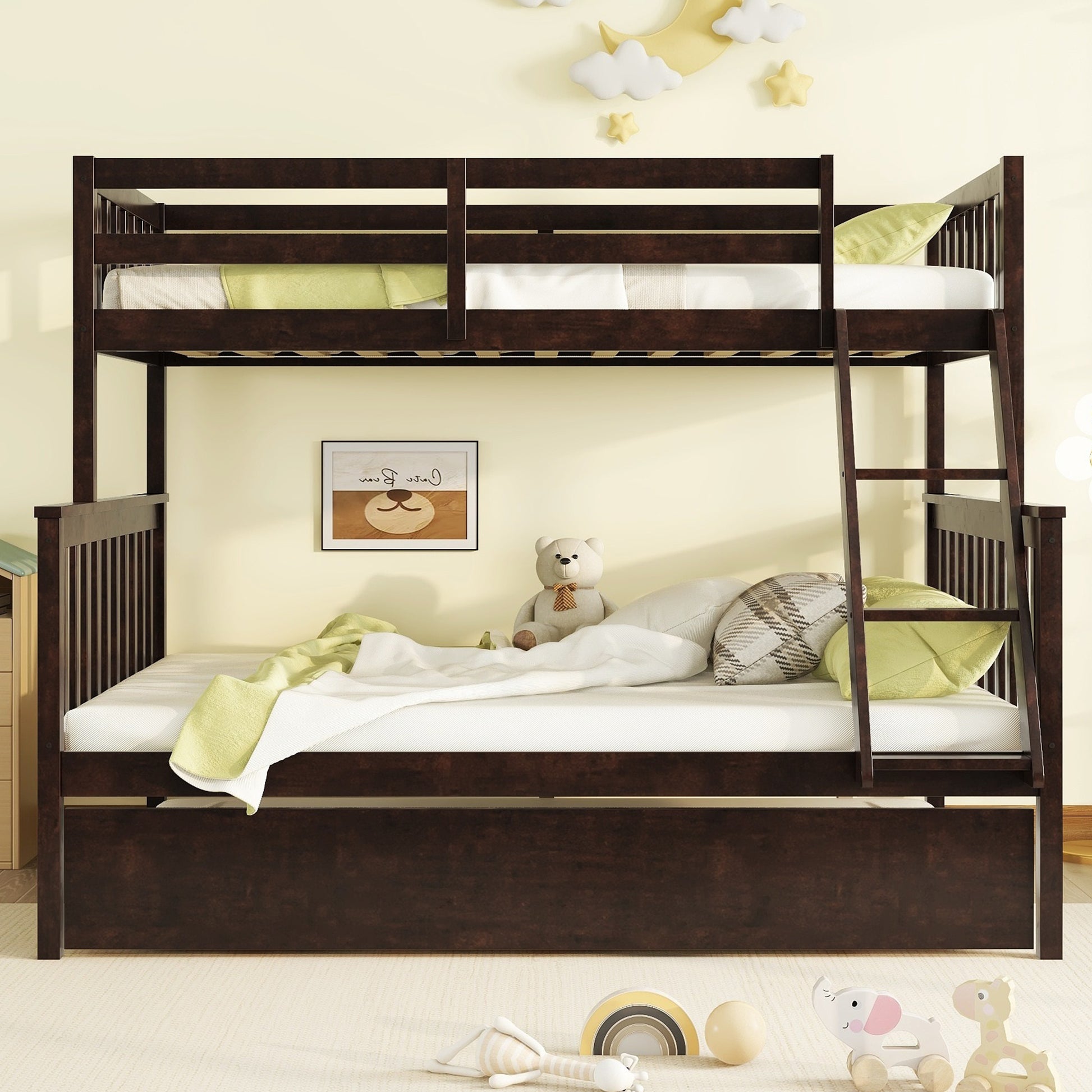 Twin Over Full Rubber Wood Bunk Bed With Trundle, Convertible Ladder And Guardrail, Detachable, Convertible Bed, With Twin Size Trundle ,Espresso Twin Espresso Rubber Wood