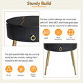 19.6'' Easy Assembly End Tables With High Gloss Faux Marble Tabletops, Set Of 2, Modern Fluted 2 Side Tables With Drawers, Round Coffee Tables With Golden Legs For Living Room, Black Black Gold Primary Living Space Drawers Round Mdf Iron