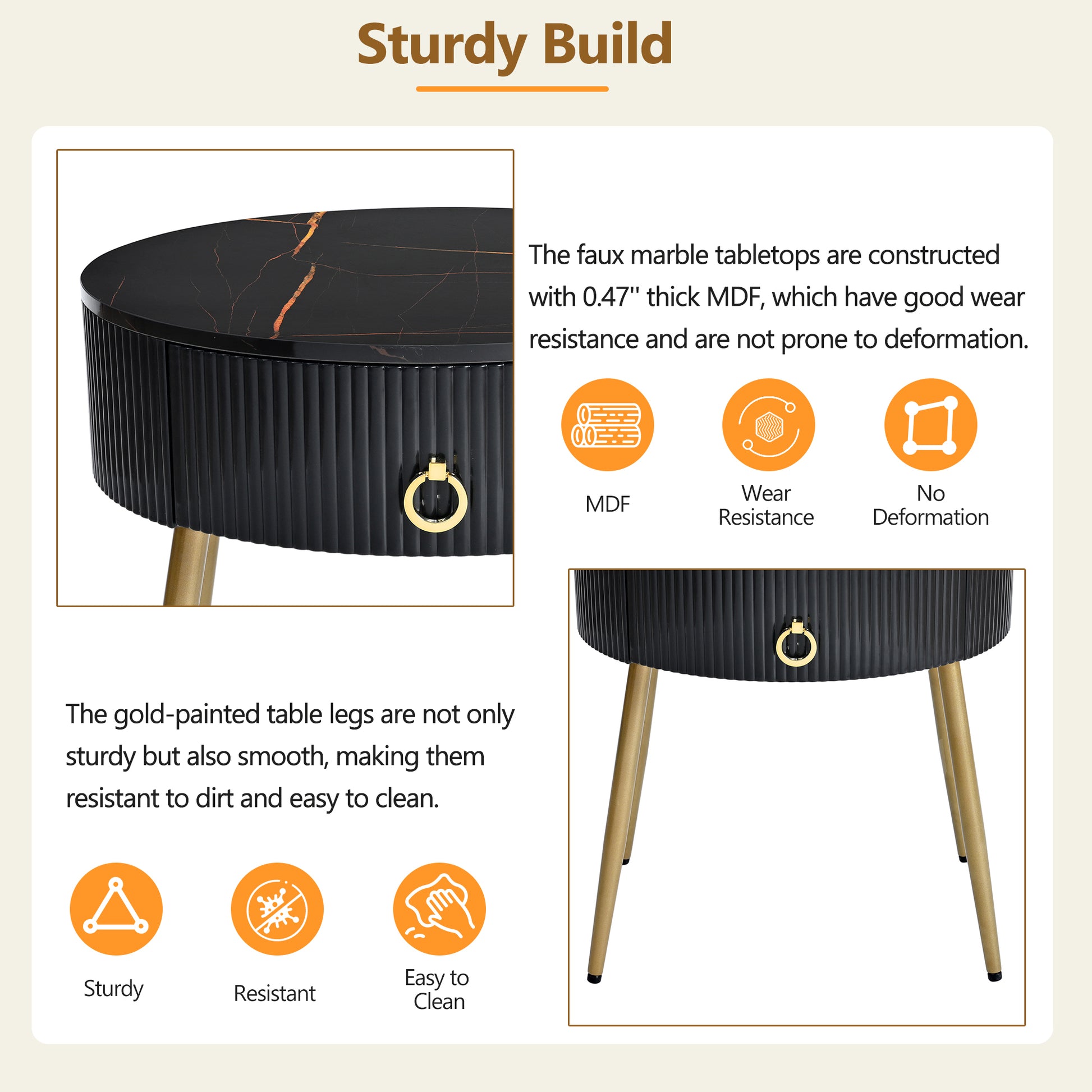 19.6'' Easy Assembly End Tables With High Gloss Faux Marble Tabletops, Set Of 2, Modern Fluted 2 Side Tables With Drawers, Round Coffee Tables With Golden Legs For Living Room, Black Black Gold Primary Living Space Drawers Round Mdf Iron