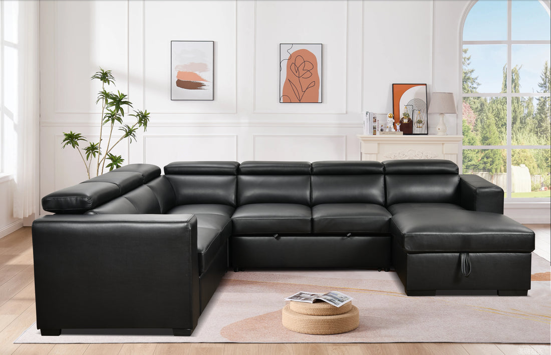 123" Modern U Shaped 7 Seat Sectional Sofa Couch With Adjustable Headrest, Sofa Bed With Storage Chaise Pull Out Couch Bed For Living Room ,Black Light Brown Wood Primary Living Space Heavy Duty Eucalyptus 7 Seat Black Faux Leather Soft Cushion Back