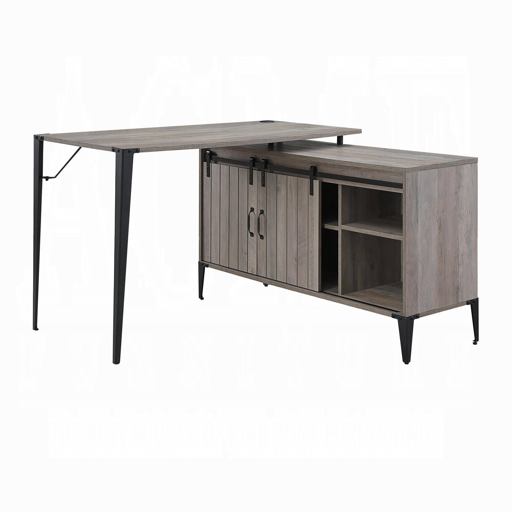 Grey Oak Writing Desk With Sliding Barn Door Grey Black Built In Outlets Or Usb Writting Desk Office Industrial L Shape Shelves Paper Composite