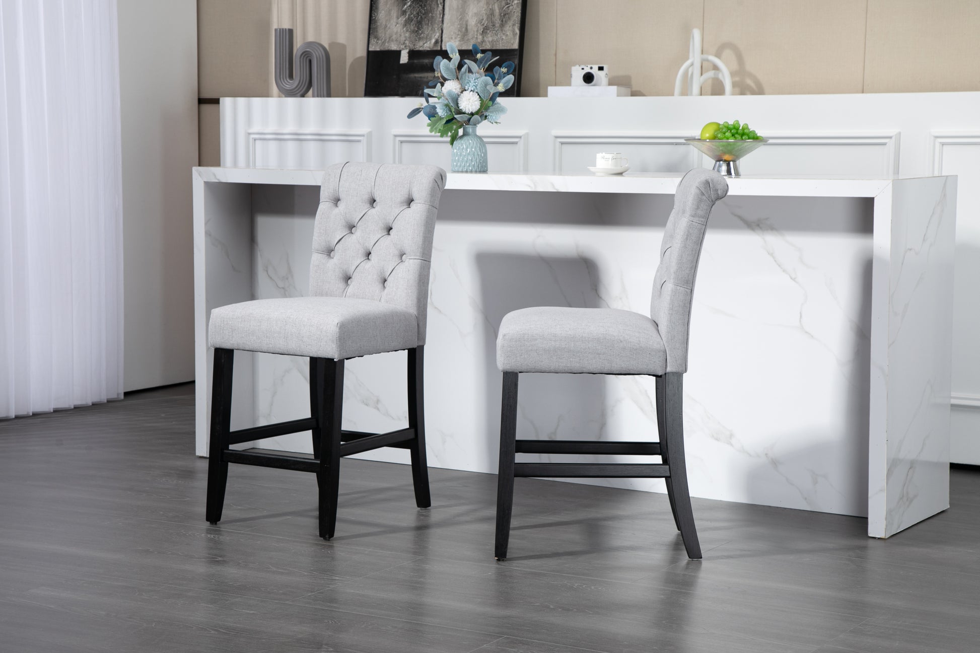 Counter Height Bar Stools Set Of 2 Tufted Linen Barstools Mid Century Wood Bar Stools With Back For Kitchen Island Indoor, Set Of 2 Gray Rubber Wood