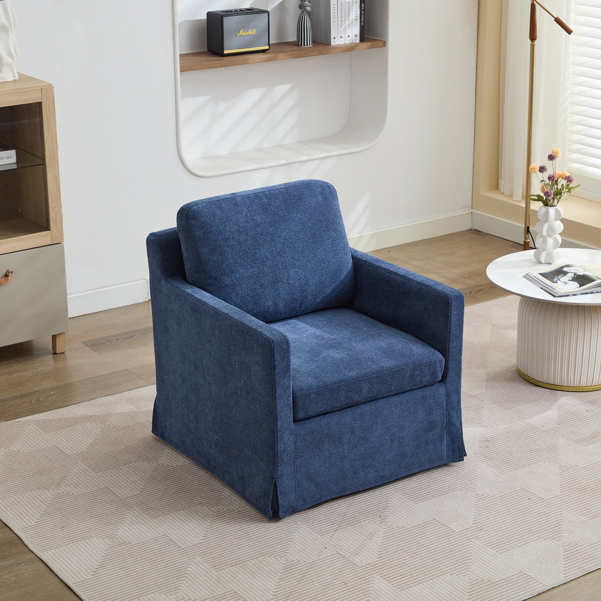 29.92'' Swivel Accent Chair, Upholstered Skirted Swivel Chair With Removable Back Cushion, 360 Degree Comfy Armchair For Living Room, Nursery, Lounge,Office,Navy Chenille Navy Chenille