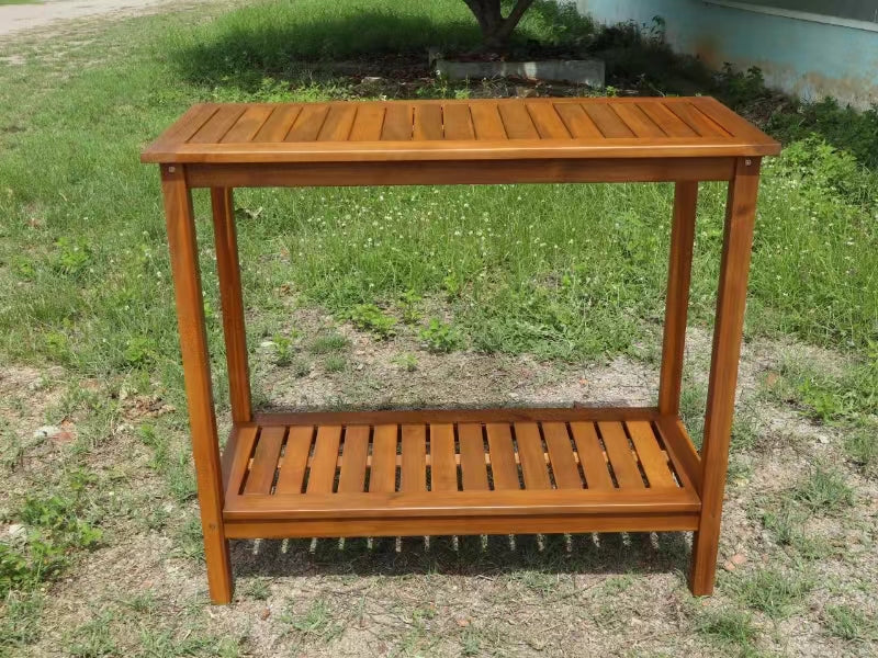 Wooden Workstation For Garden Balcony Garage, Acacia Console Potting Table Light Brown Light Brown Acacia Wood