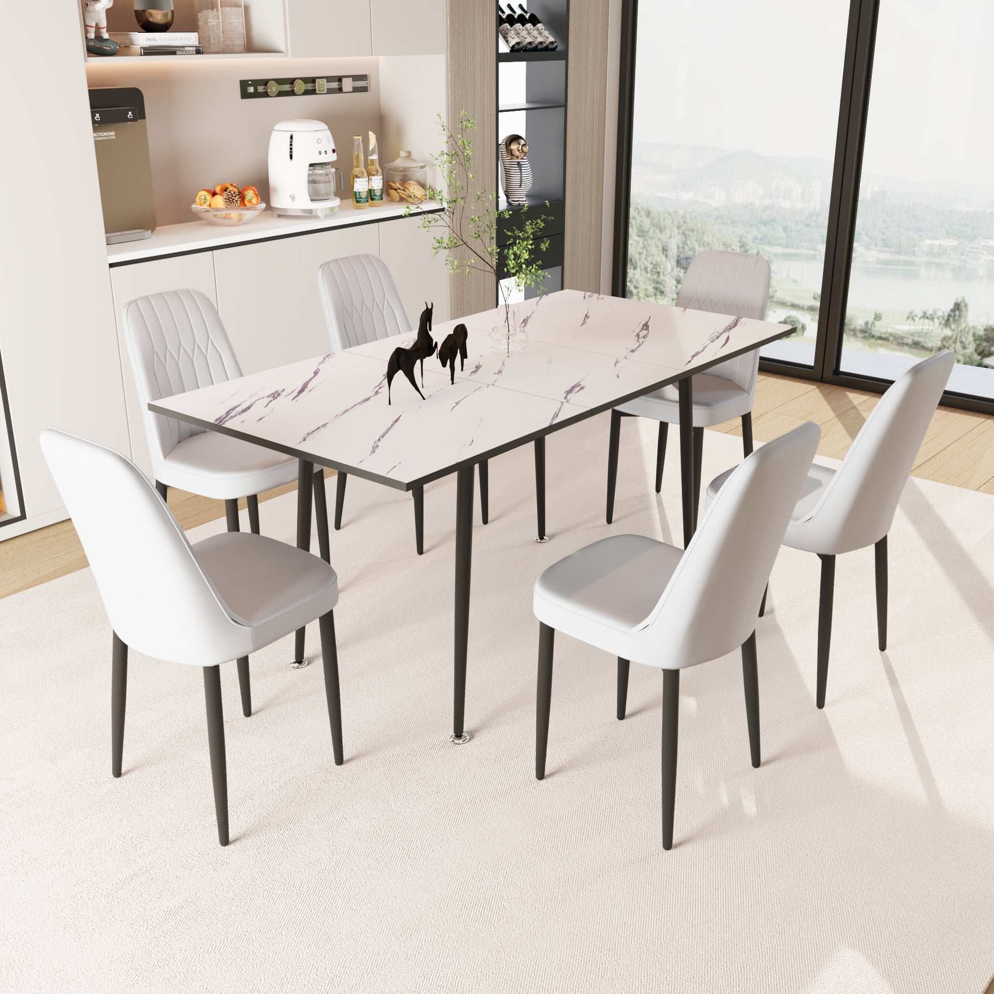 47" 63" Expandable Dining Table Set For 2 6 People, Equipped With Pu Fabric Thick Cushioned Dining Chair And An Elegant And Spacious Dining Tablekitchen Table And Chair Set, With Black Metal Legs