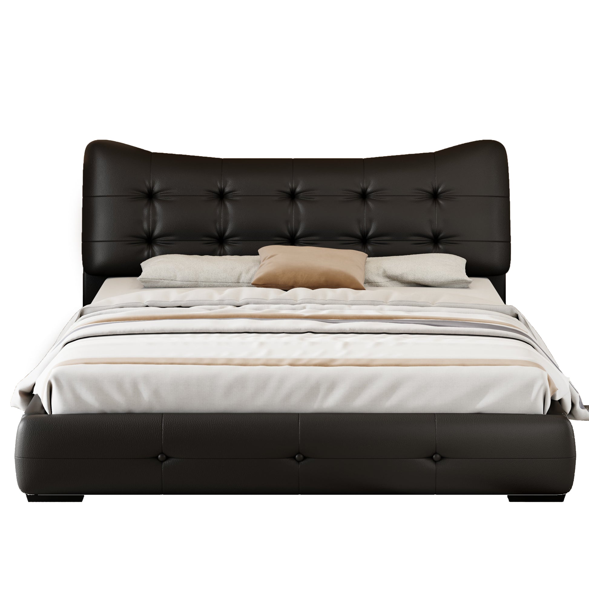 Modern Pu Upholstered Queen Bed With Ergonomic Wingback Headboard, No Box Spring Needed, Black Box Spring Not Required Queen Black Composite Bedroom Contemporary Bed Frame Pu,Upholstered