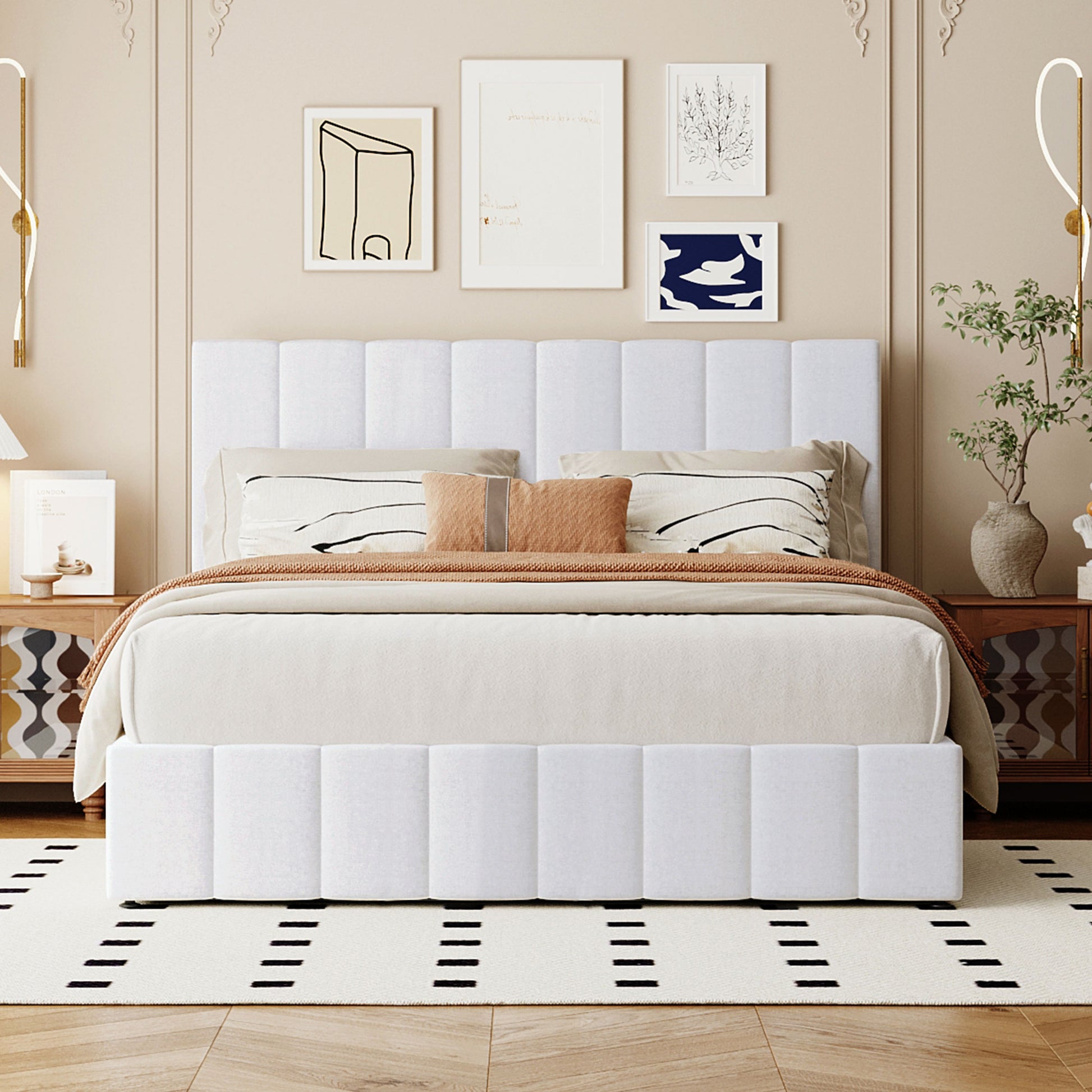 Queen Size Upholstered Platform Bed With A Hydraulic Storage System White Old Sku: Lp000211Aak White Upholstered