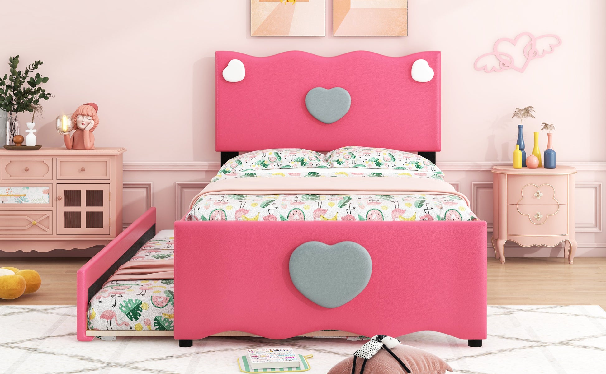 Twin Size Upholstered Platform Bed With Trundle And Heart Shaped Decoration, Dark Pink Box Spring Not Required Twin Dark Pink Wood Bedroom Bed Frame Faux Leather Upholstered