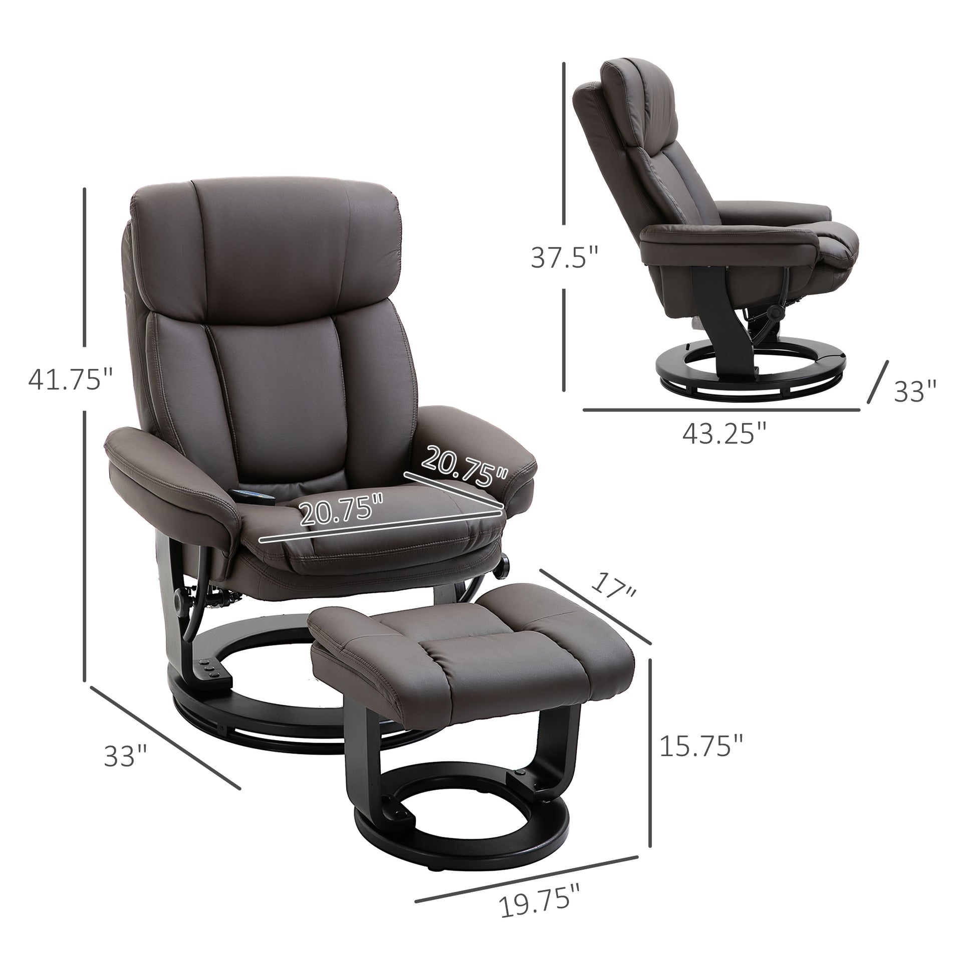 Homcom Pu Leather Massage Recliner Chair With Ottoman 10 Point Vibration Swiveling Armchair, Brown Brown Wood Metal