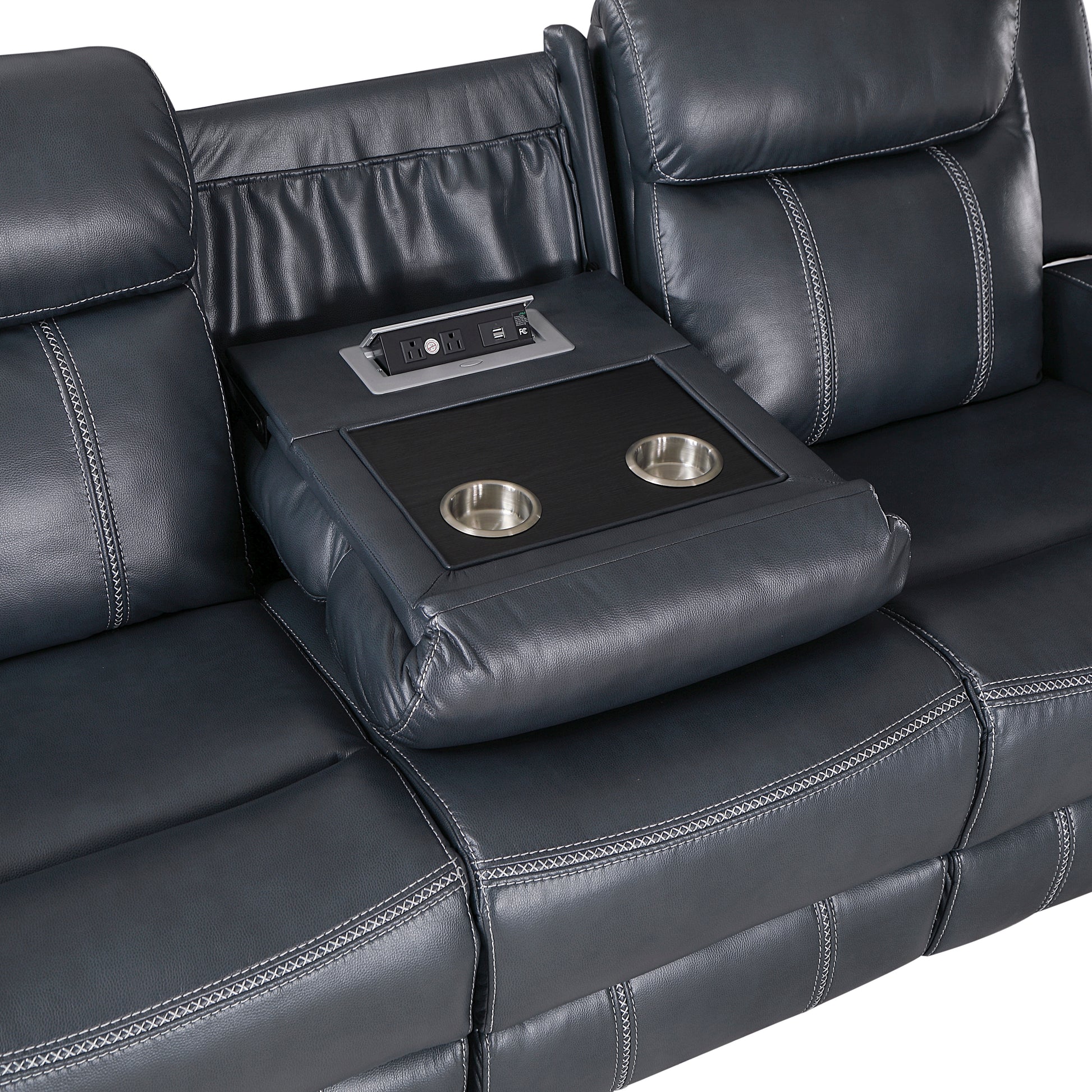 Modern Blue Dual Reclining Sofa With Center Drop Down Cup Holders,Faux Leather Upholstery, Usb Ports Living Room Furniture 1Pc Blue Faux Leather Wood Primary Living Space Modern Plywood,Solid Wood 3 Seat
