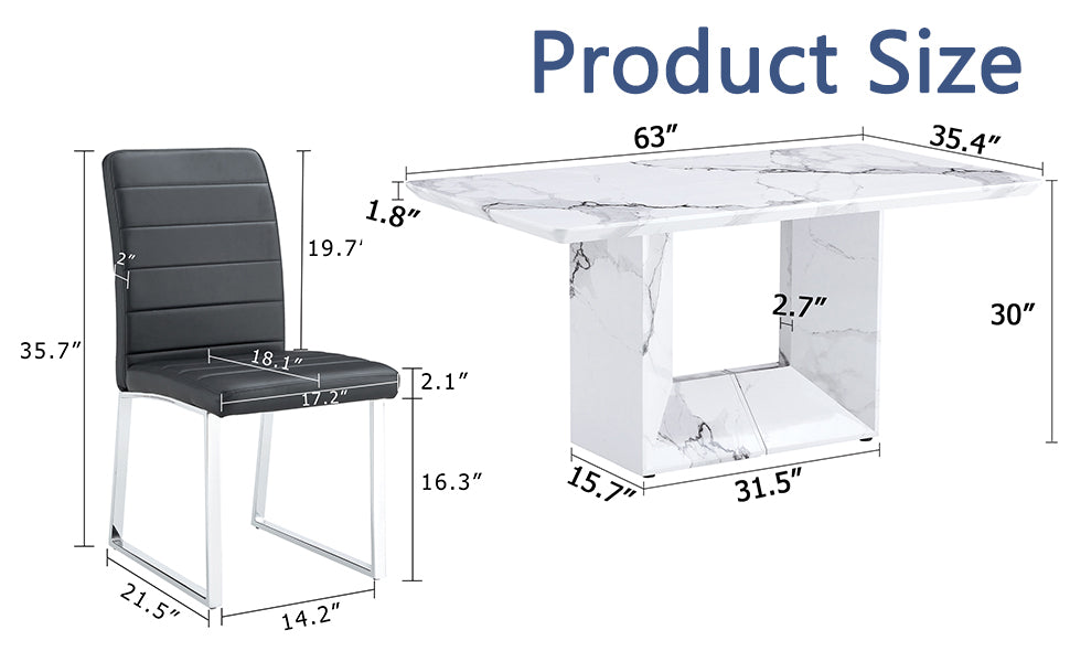 Table And Chair Set.63"X35.4" White Marble Patterned Mdf Dining Table Set With 4 Armless Black Pu Chairs.The Backrest Of The Dining Chair Is Designed With Multiple Horizontal Stripes. Black Seats 4