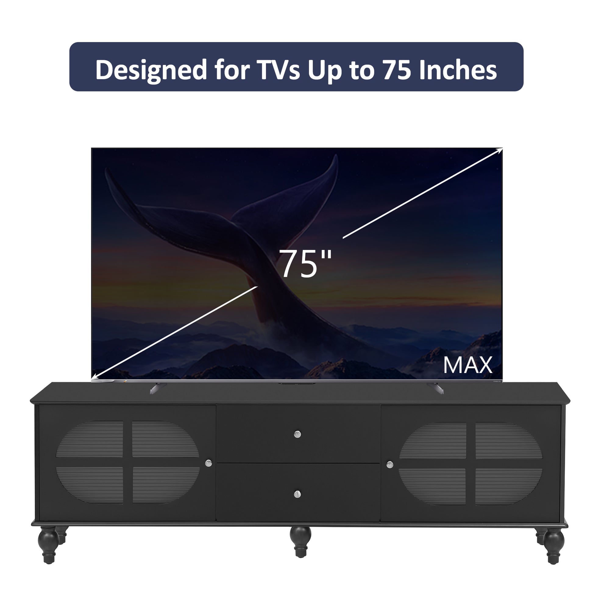 68.9'' Modern Tv Stand For Tvs Up To 75 Inches, Entertainment Center Media Console With Fluted Glass Doors, Five Solid Wood Legs For Living Room Black 70 79 Inches Mdf