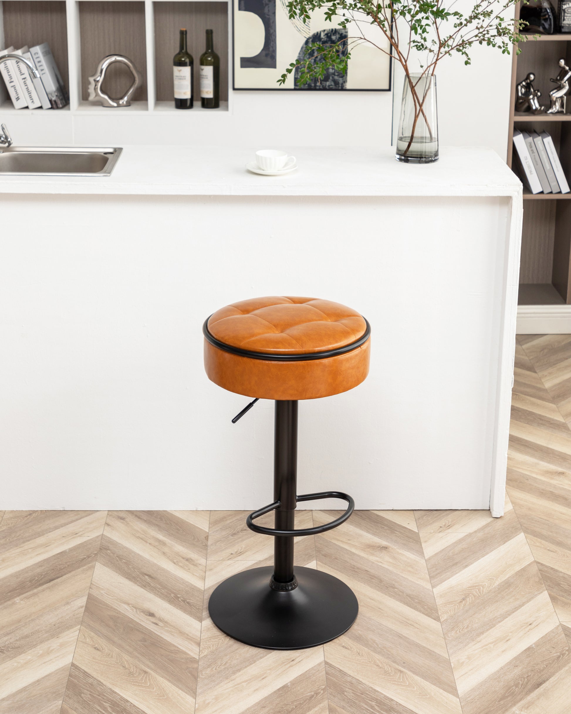 Round Storage Bar Stool Set Of 2, Brown Faux Leather Height Adjustable Barstool, 360 Counter Height Swivel Stool, Armless Bar Chair With Metal Frame For Kitchen Counter Dining Living Room Brown Set Of 2 Foam Pu Leather