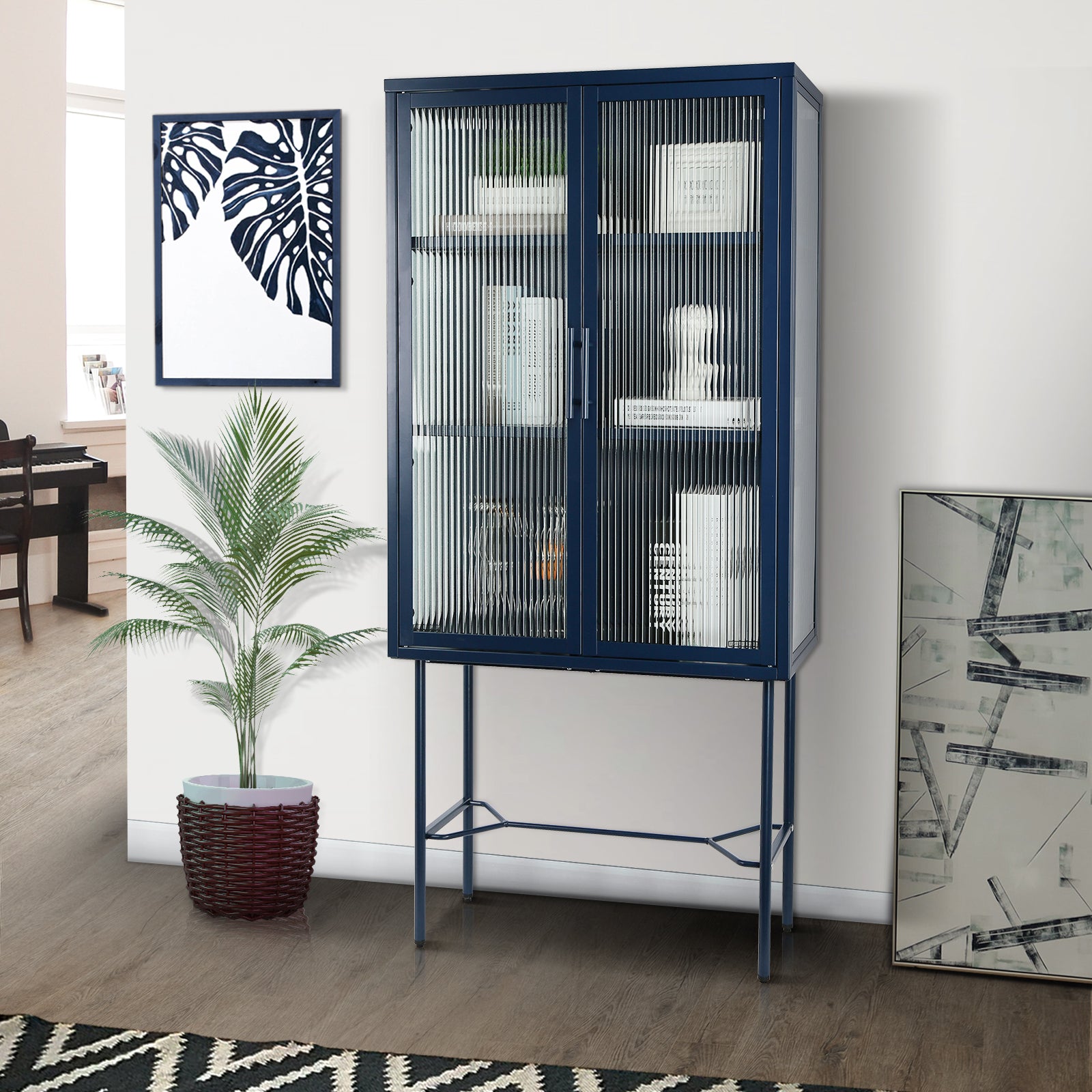 Elegant Floor Cabinet With 2 Glass Doors Living Room Display Cabinet With Adjustable Shelves Anti Tip Dust Free Easy Assembly Blue Color Old Sku:W68766570 Blue Steel