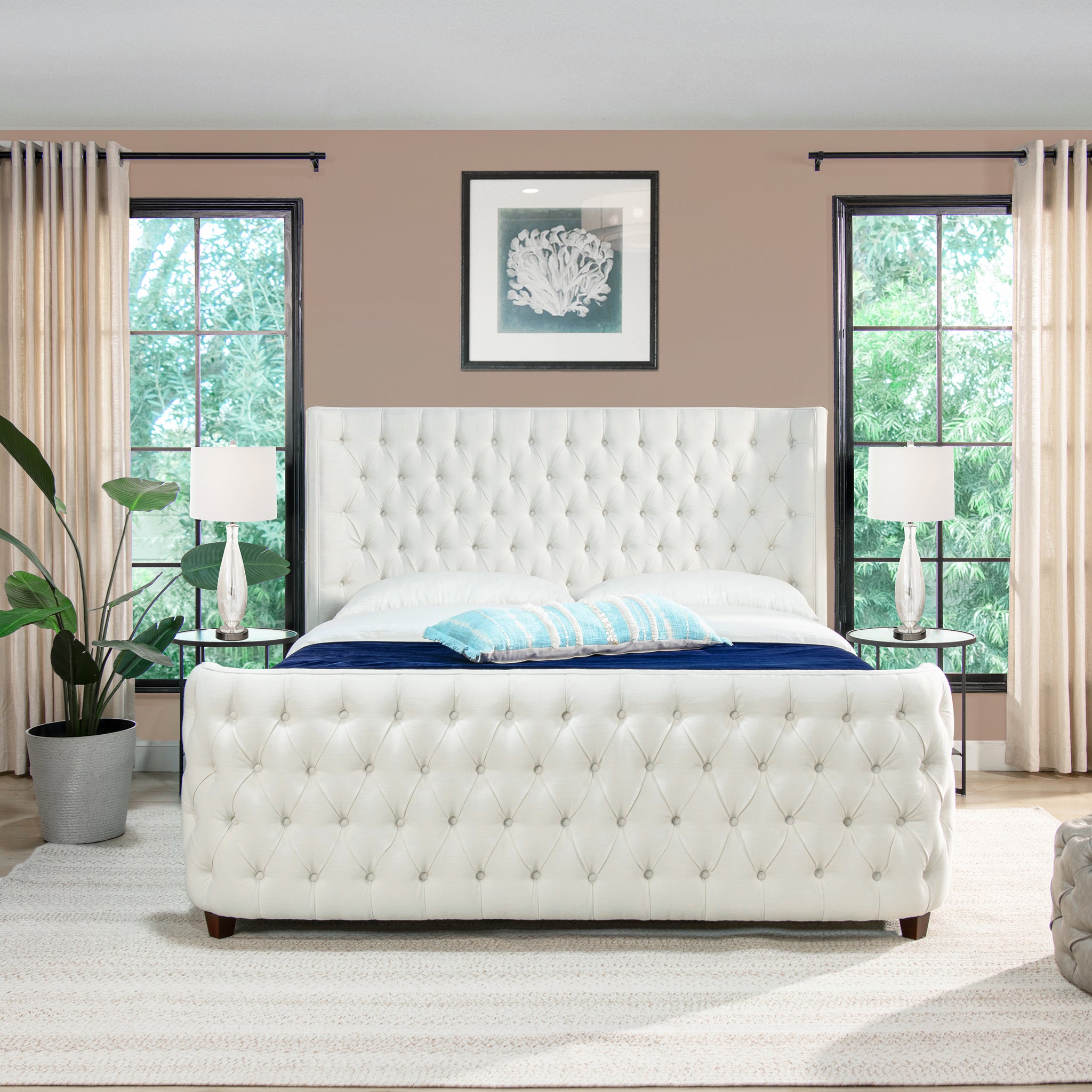 Brooklyn King Tufted Panel Bed Headboard And Footboard Set, Antique White Polyester Box Spring Required King Antique White Wood Foam Polyester Polyester