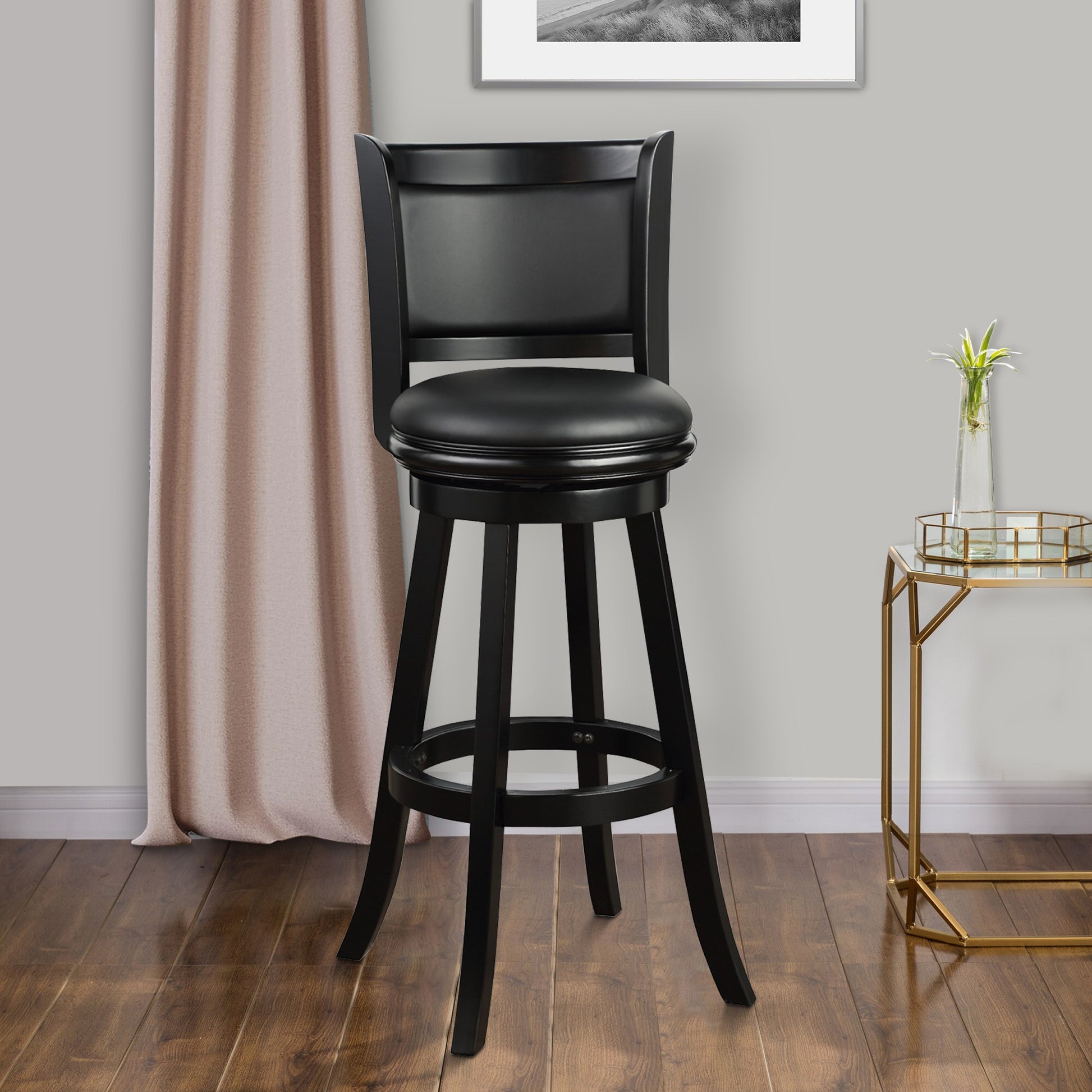 Pio 34 Inch Extra Tall Swivel Bar Stool, Solid Wood, Faux Leather, Black Black Grey Wood