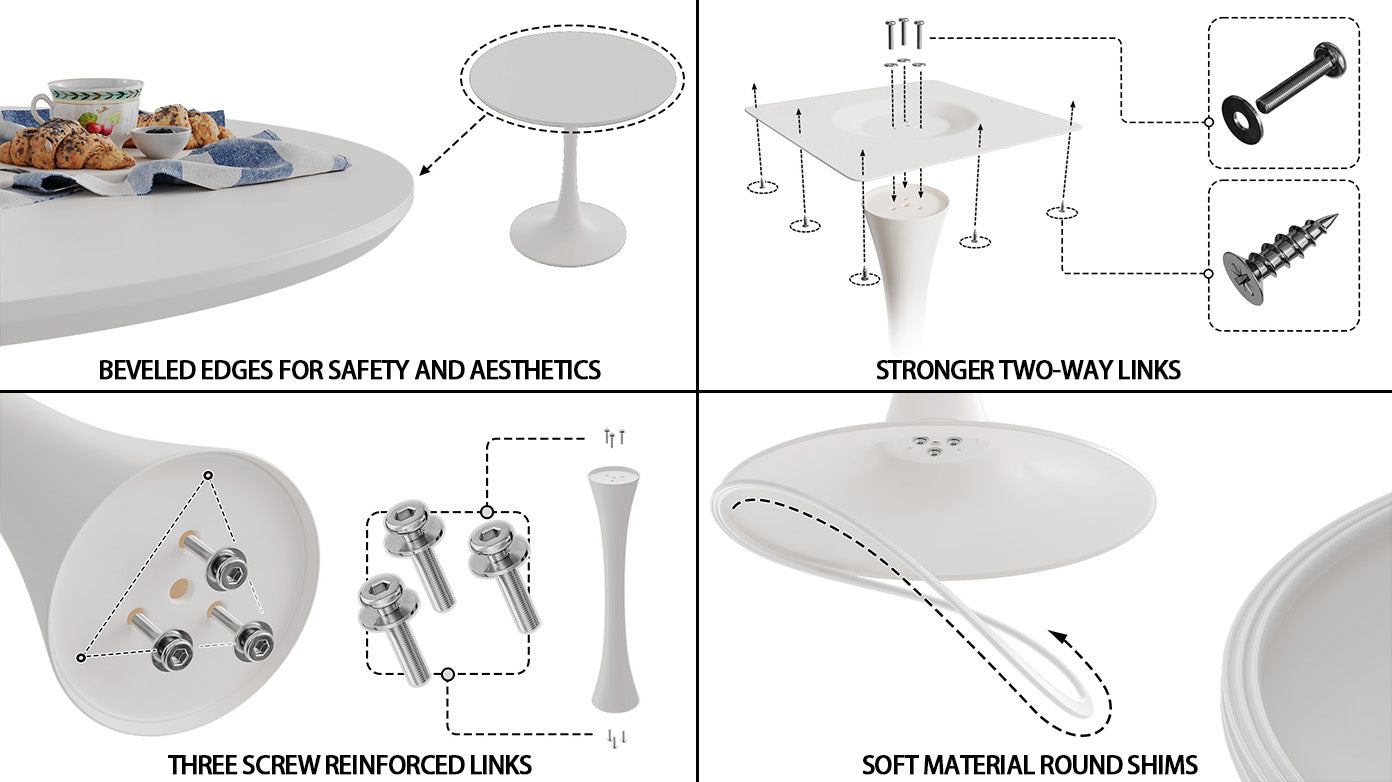 31.5 " White Circular Dining Table, Tulip Dining Table, Kitchen Dining Table For 2 4 People, Mdf Tabletop And Base, And 2 Black Pu Plating Silver Metal Leg Dining Chair Set 2 White Mdf