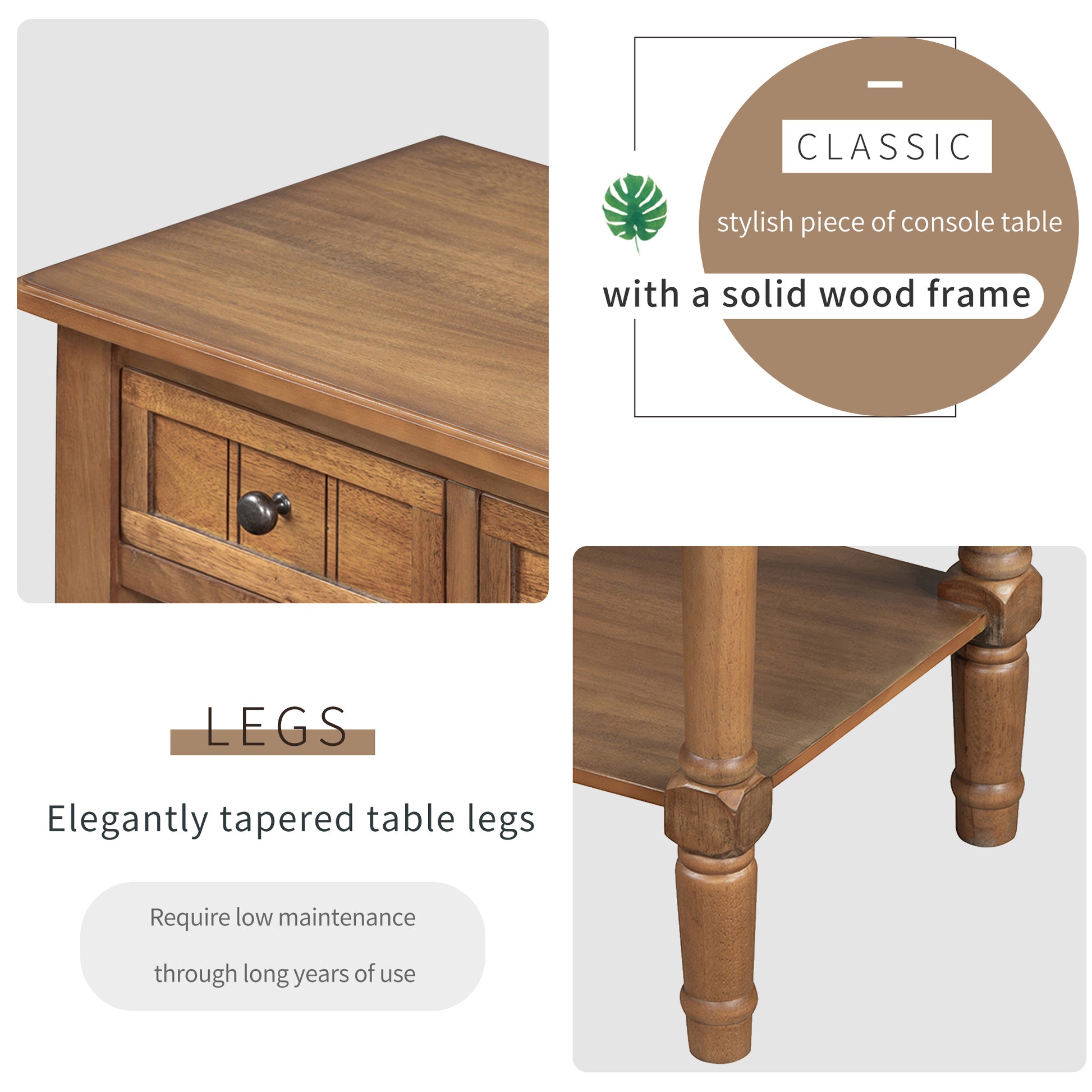 Narrow Console Table, Slim Sofa Table With Three Storage Drawers And Bottom Shelf Natural Natural Solid Wood Mdf
