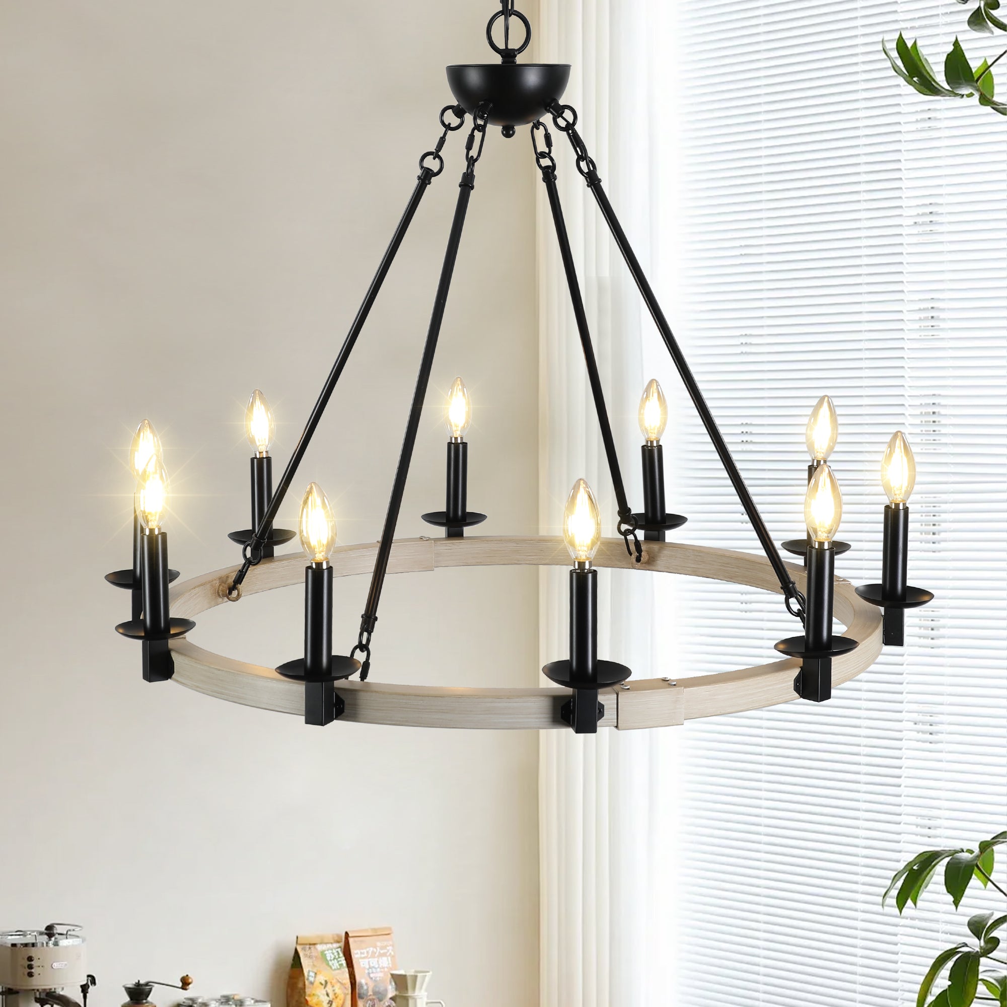 Rustic Farmhouse 10 Light Candle Chandelier, Black Metal And Wood Round Hanging Light Fixture For Dining Room, Kitchen, Living Room, Adjustable Height, E12 Bulb Base No Bulbs Matte Black,White Oak