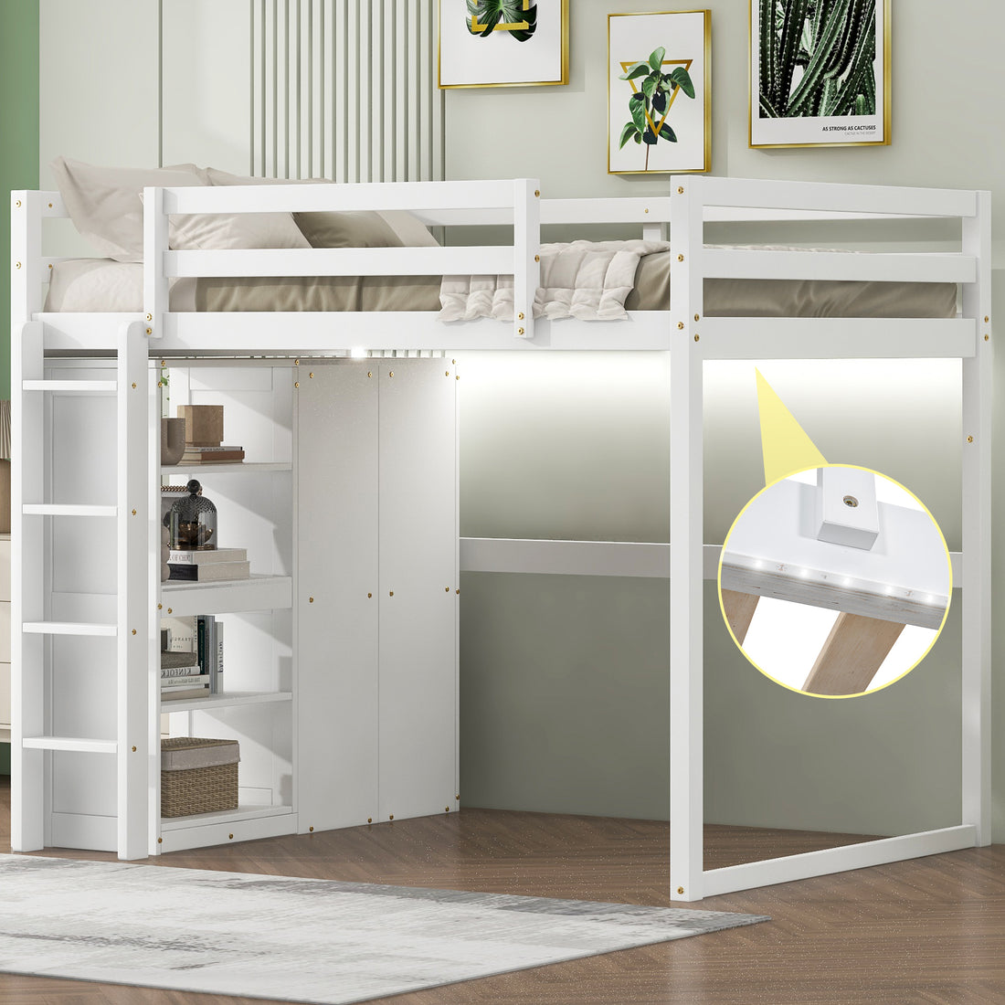 Wood Full Size Loft Bed With Built In Wardrobe And Storage Shelves, Led Light, White Box Spring Not Required Full White Wood Bedroom Bed Frame Solid Wood Mdf