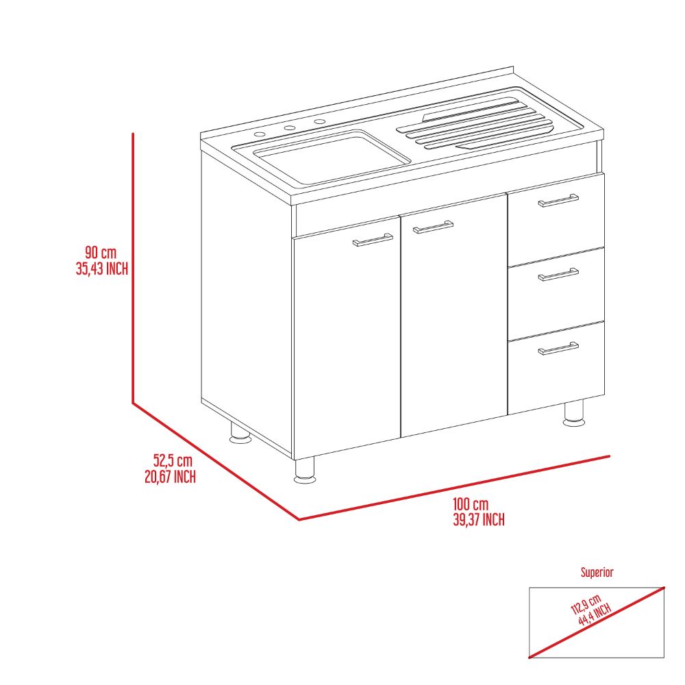 Base Double Door Cabinet, Three Drawers, White White Solid Wood Mdf Engineered Wood