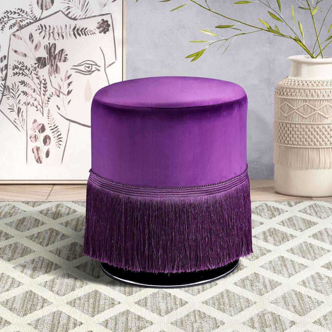 Purple Eggplant Round Ottoman With Fringe Purple Velvet
